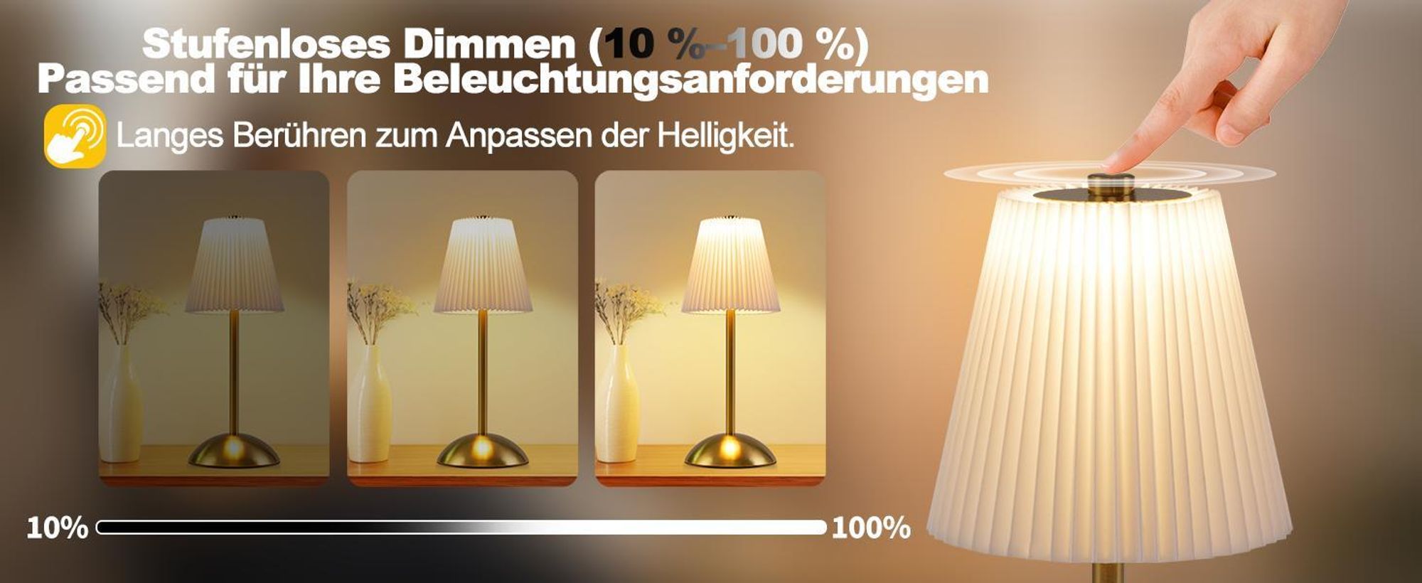 ZMH Stolní lampa Bezdrátová noční lampa Sada 2 LED stolních lamp Dotykové stmívatelné noční lampy s USB Bílé látkové stínítko do ložnice