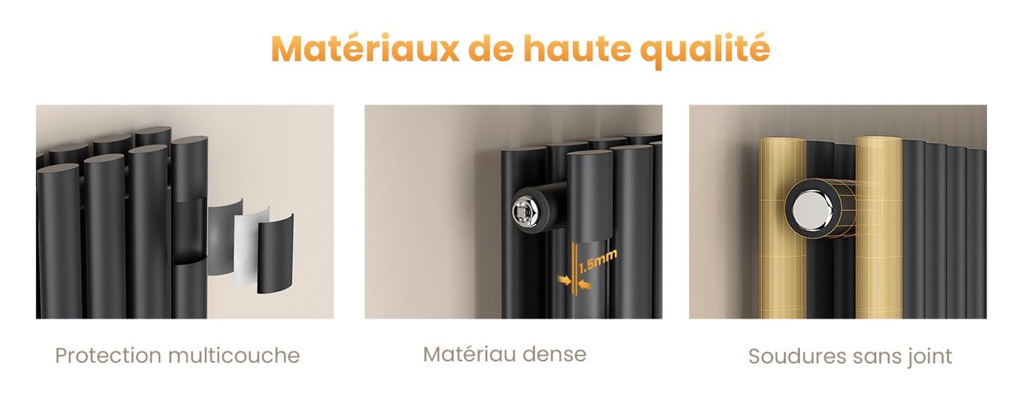 EMKE Radiateur design 600 x 1180 mm Radiateur horizontal ovale Raccord latéral Double couche Chauffage, 1828W, Anthracite sans thermoplongeur