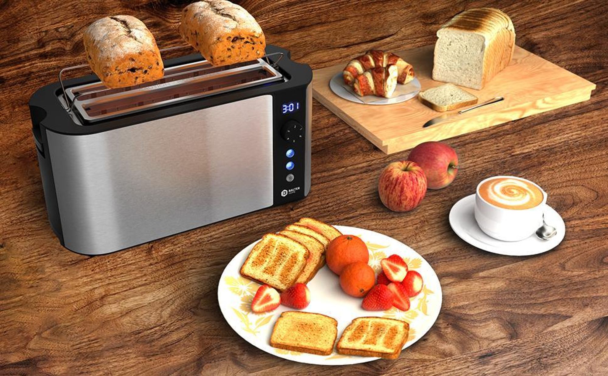 Balter Toaster 4 Scheiben, Edelstahl, Langschlitztoaster mit Brötchenaufsatz, 1500W, LCD Display, Defrost-/Aufwärmfunktion, Krümelschublade, Silber