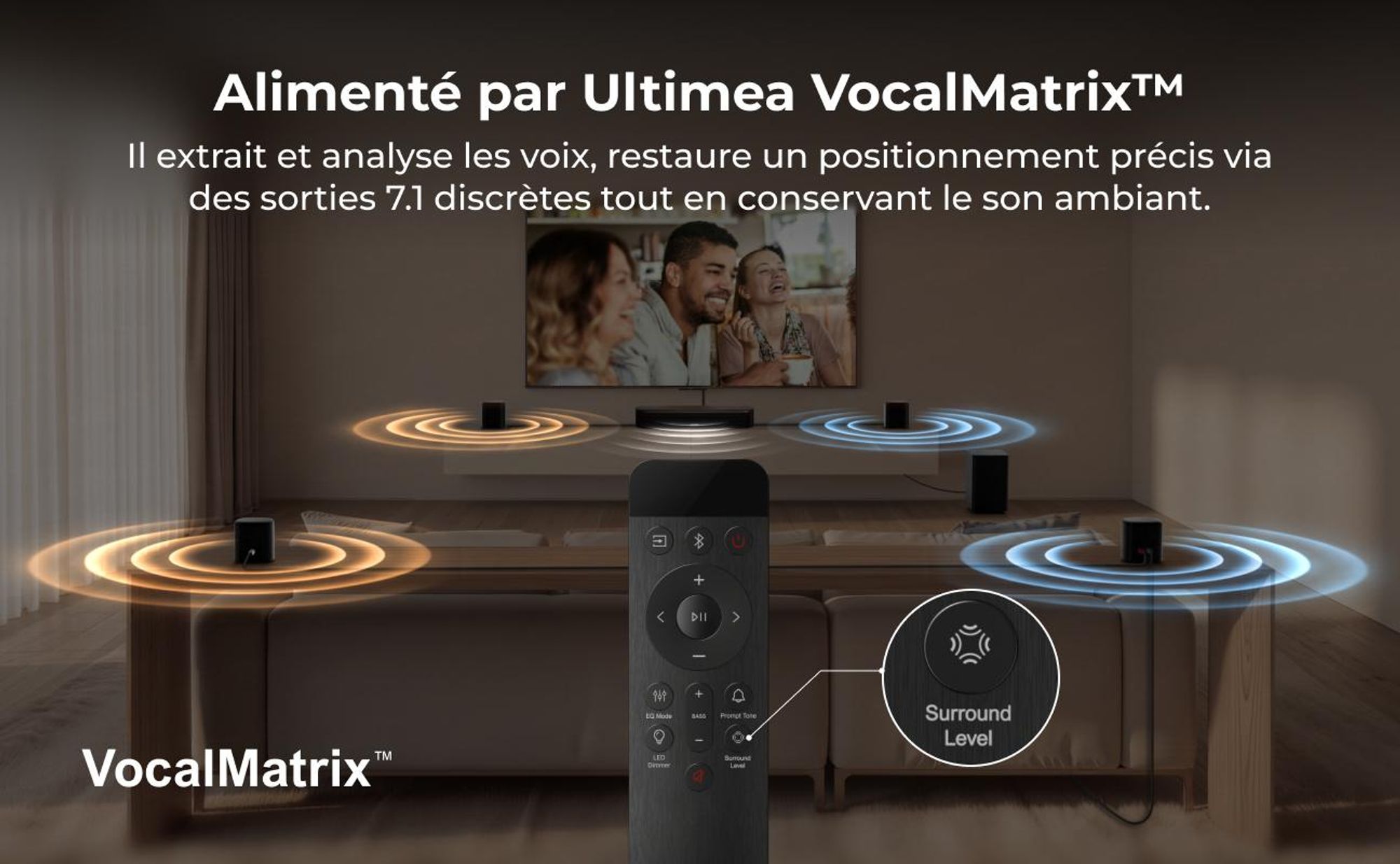 Barre de son ULTIMEA 7.1 canaux avec caisson de basses pour téléviseur, système audio surround pour home cinéma, 4 enceintes surround, HDMI ARC,via application, Aura S4T