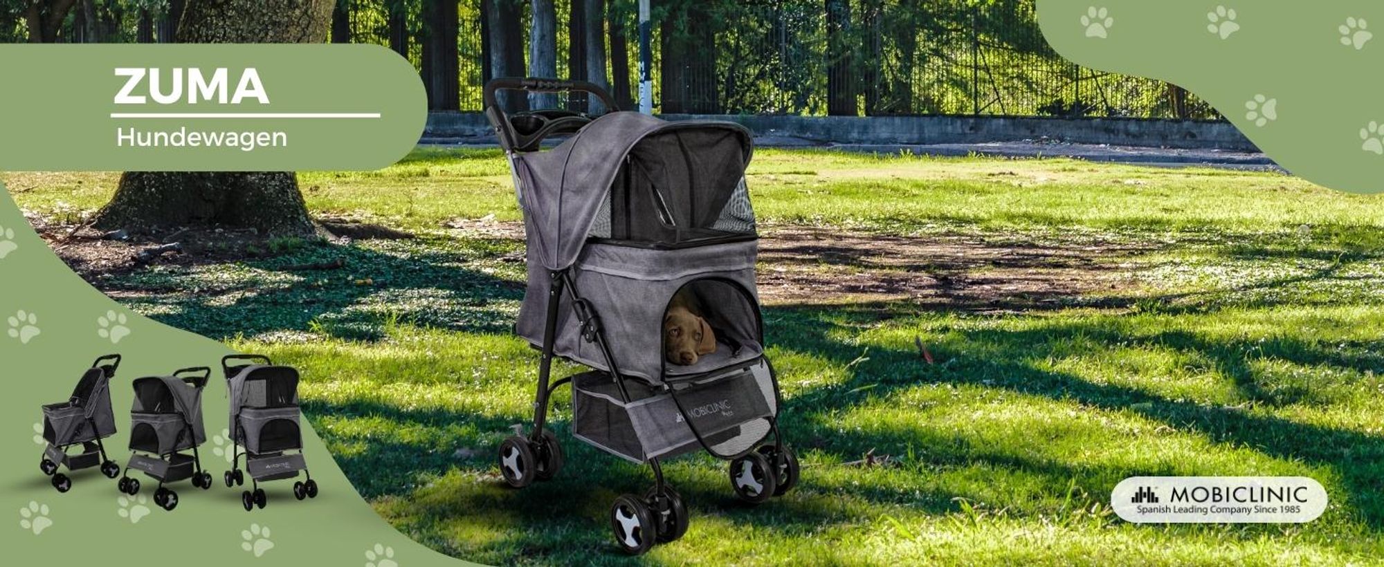 Mobiclinic Pets, Faltbarer Hundewagen, Bis zu 15 kg, Ideal für kleine Hunde, Zuma, Räder mit 360°-Bremsen, XXL-Korb, Becherhalter, Grau
