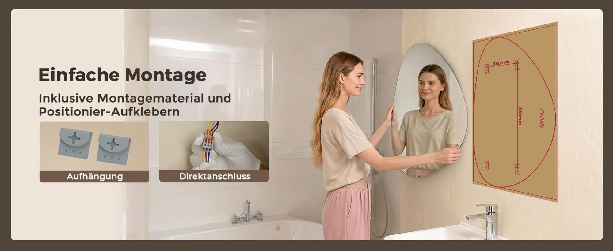 S'AFIELINA Badezimmerspiegel mit LED-Beleuchtung, 60 x 70 cm, mit Hintergrundbeleuchtung, rahmenlos, 3 Lichtfarben, dimmbar, mit Antibeschlag-Funktion und Memory-Funktion.