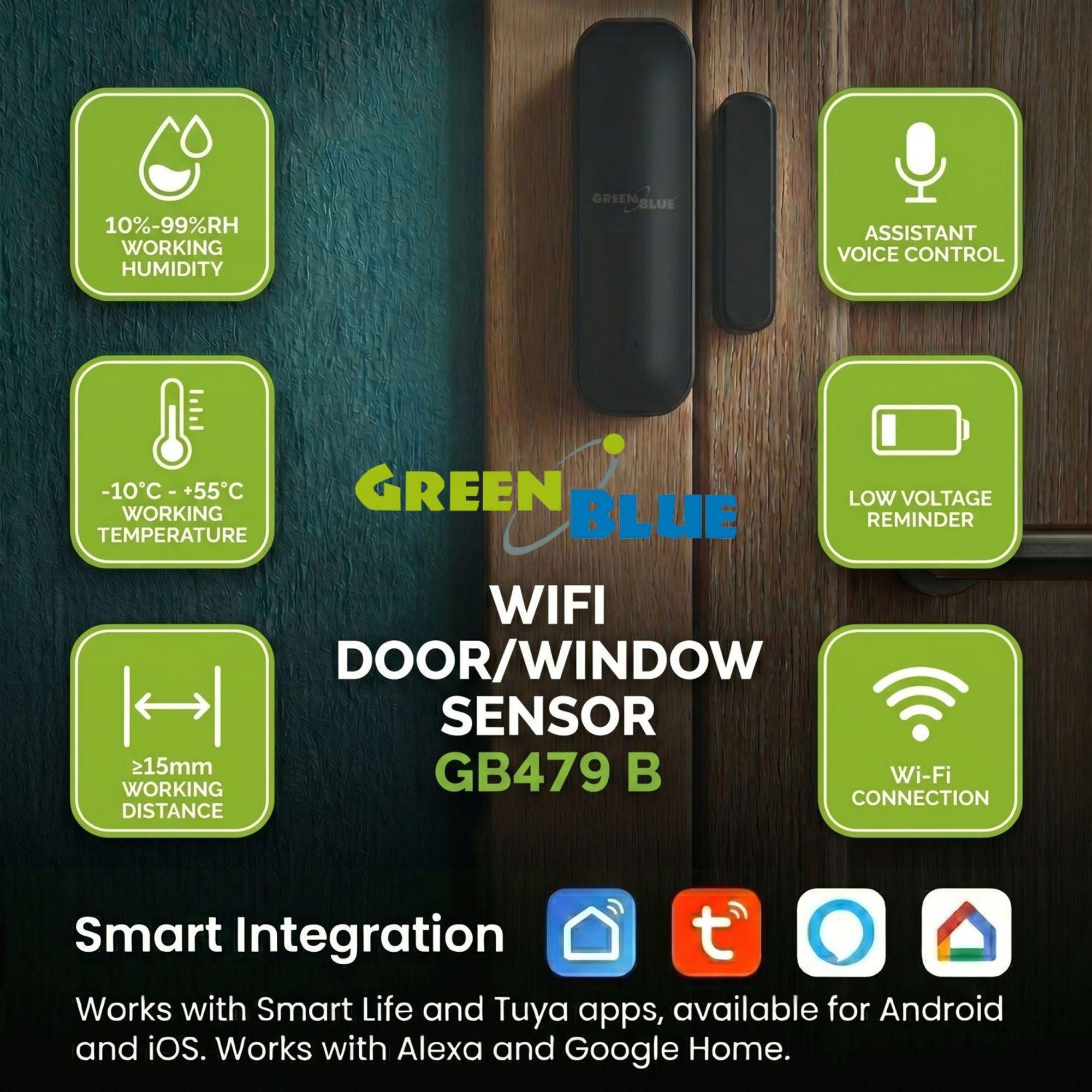 Drahtloser Reed-Schalter / WLAN-Öffnungssensor von GreenBlue Android/iOS, für Türen / Fenster 3,0 V DC LR03x2 GB479 B