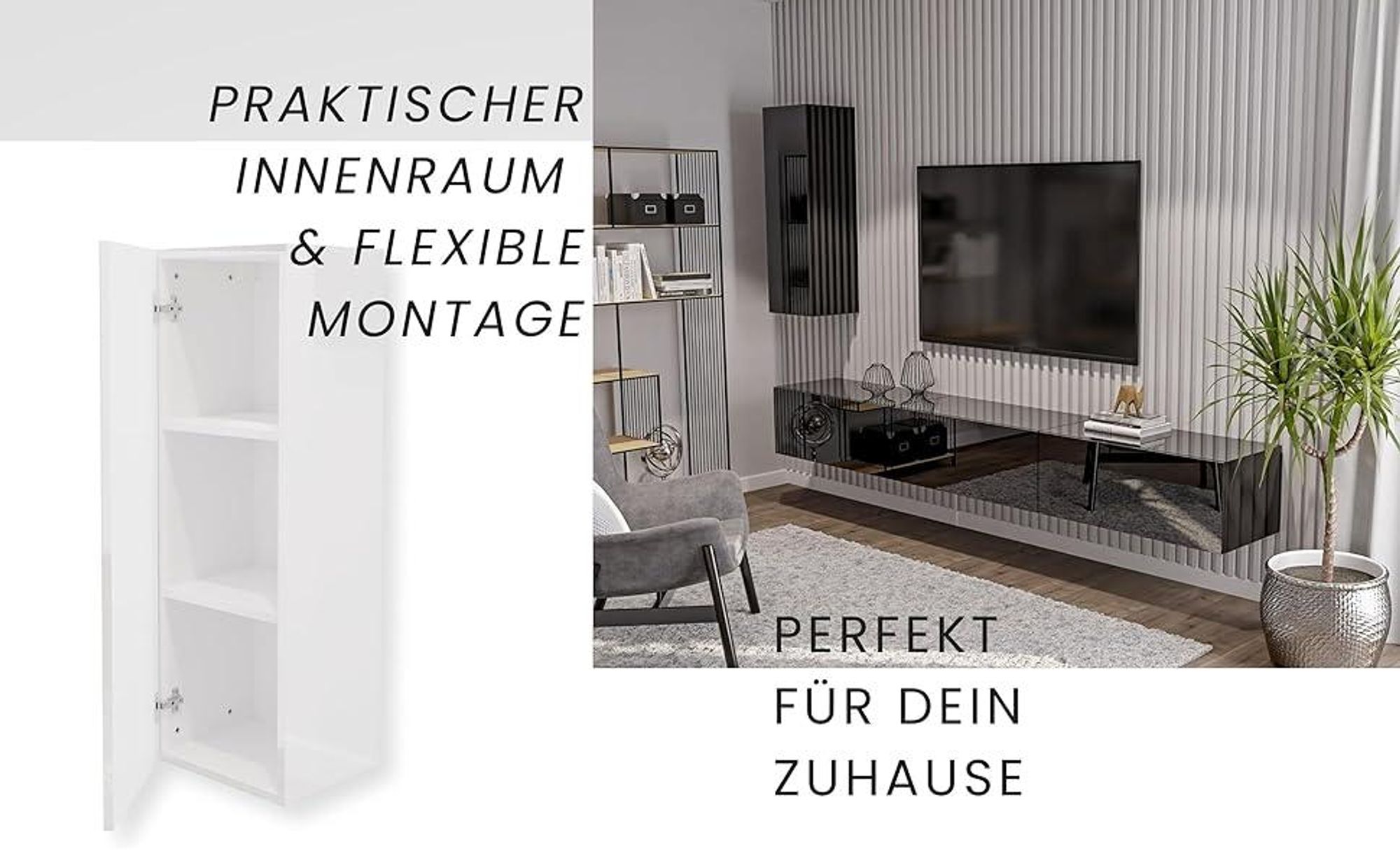 Hängeschrank Schwarz Hochglanz 35x105x32 (B x H x T) Seitenschrank Hängend Hochschrank Wohnzimmer Mehrzweckschrank