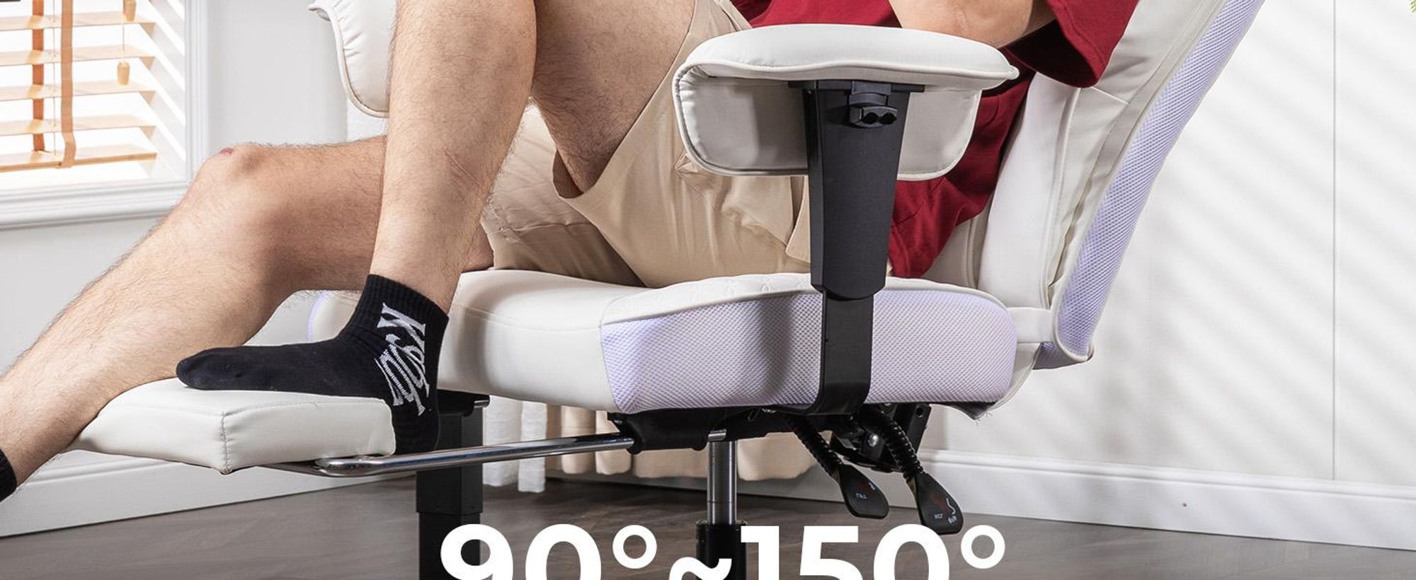 COMHOMA Gaming Stuhl für Große und Schwere Personen, ergonomischer Bürostuhl bis 180 kg, 3D Sitzkissen, verstellbar mit Fußstütze, Kunstleder, Weiß
