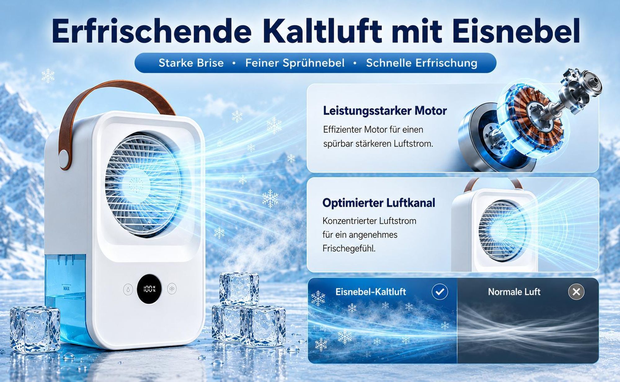 Mobiler 3-in-1 Luftkühler mit integriertem Akku, kabelloser Tischventilator mit Sprühnebel, 4 Windstufen für schnelle Erfrischung