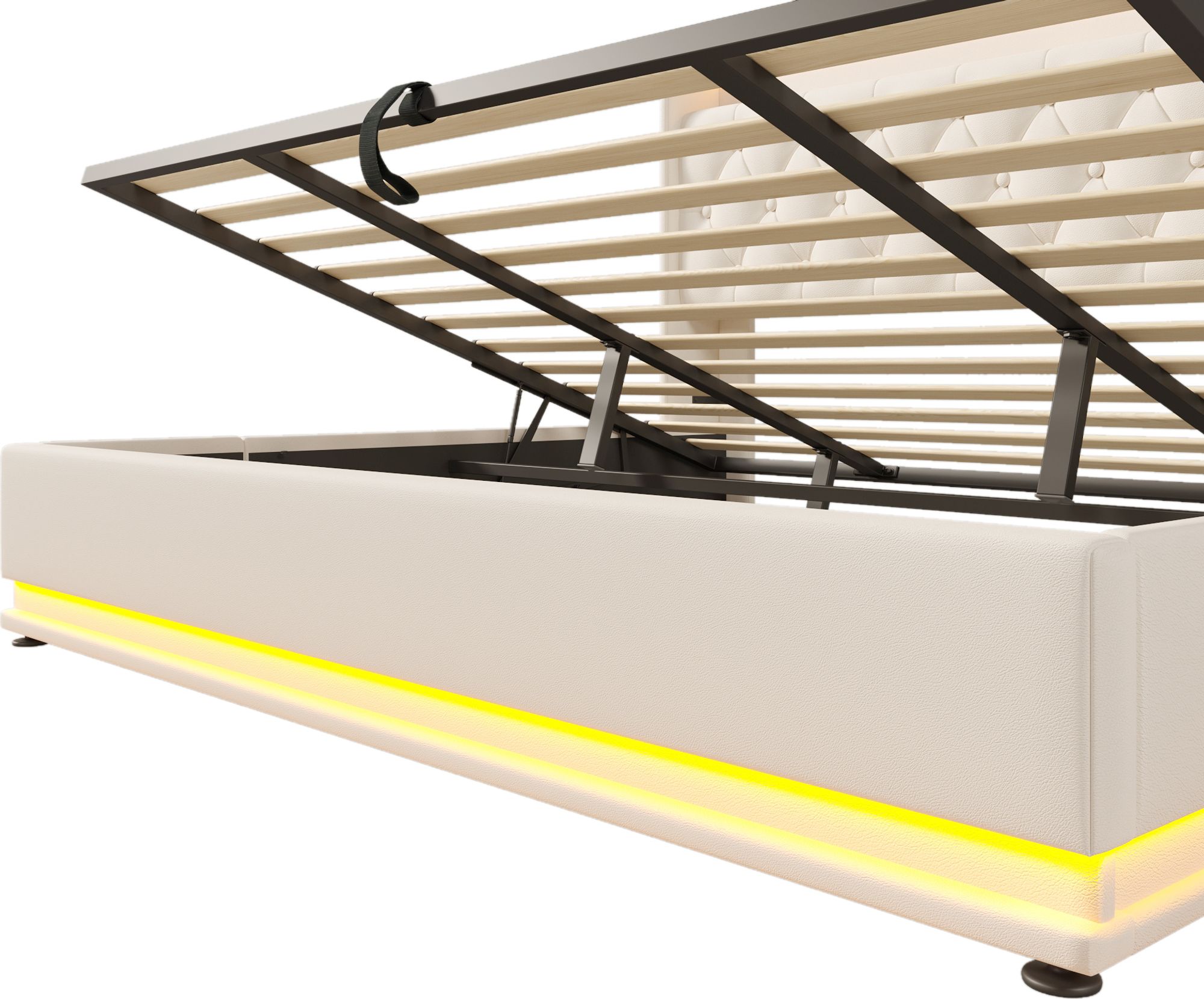 Flieks Polsterbett 180x200cm mit Ladefunktion (USB&Typ-c), Jugendbett Doppelbett Stauraumbett mit LED, Hydraulisches Boxspringbett, PU, Weiß