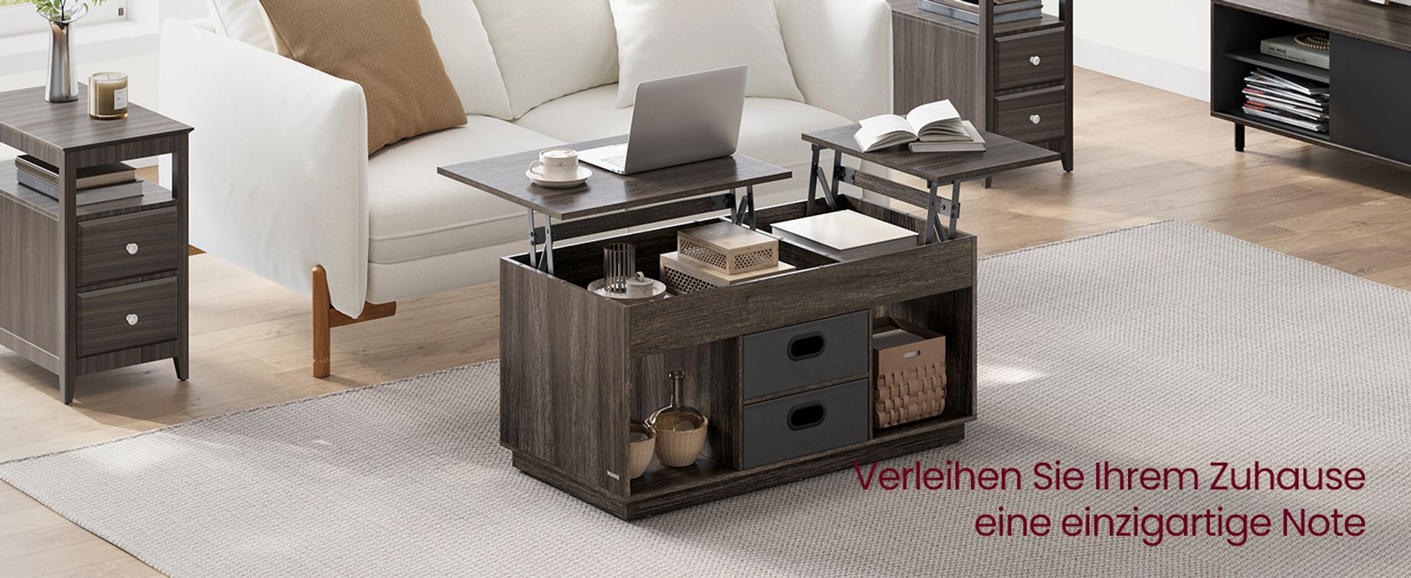 VASAGLE Couchtisch, höhenverstellbarer Wohnzimmertisch, 2 Schubladen und versteckte Fächer, Kaffeetisch, offene Fächer, für Wohnzimmer, Homeoffice