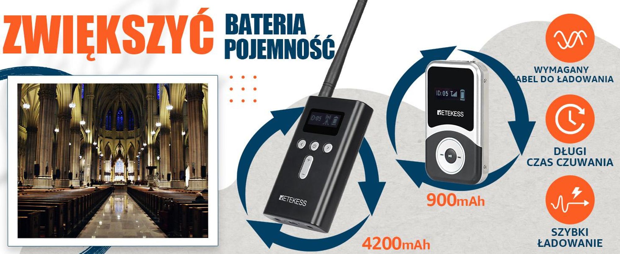Retekess T130S TOUR guide system, komunikator bezprzewodowy, 49 kanałów, standby 20H, 100M, technologia PLL, dla biur podróży