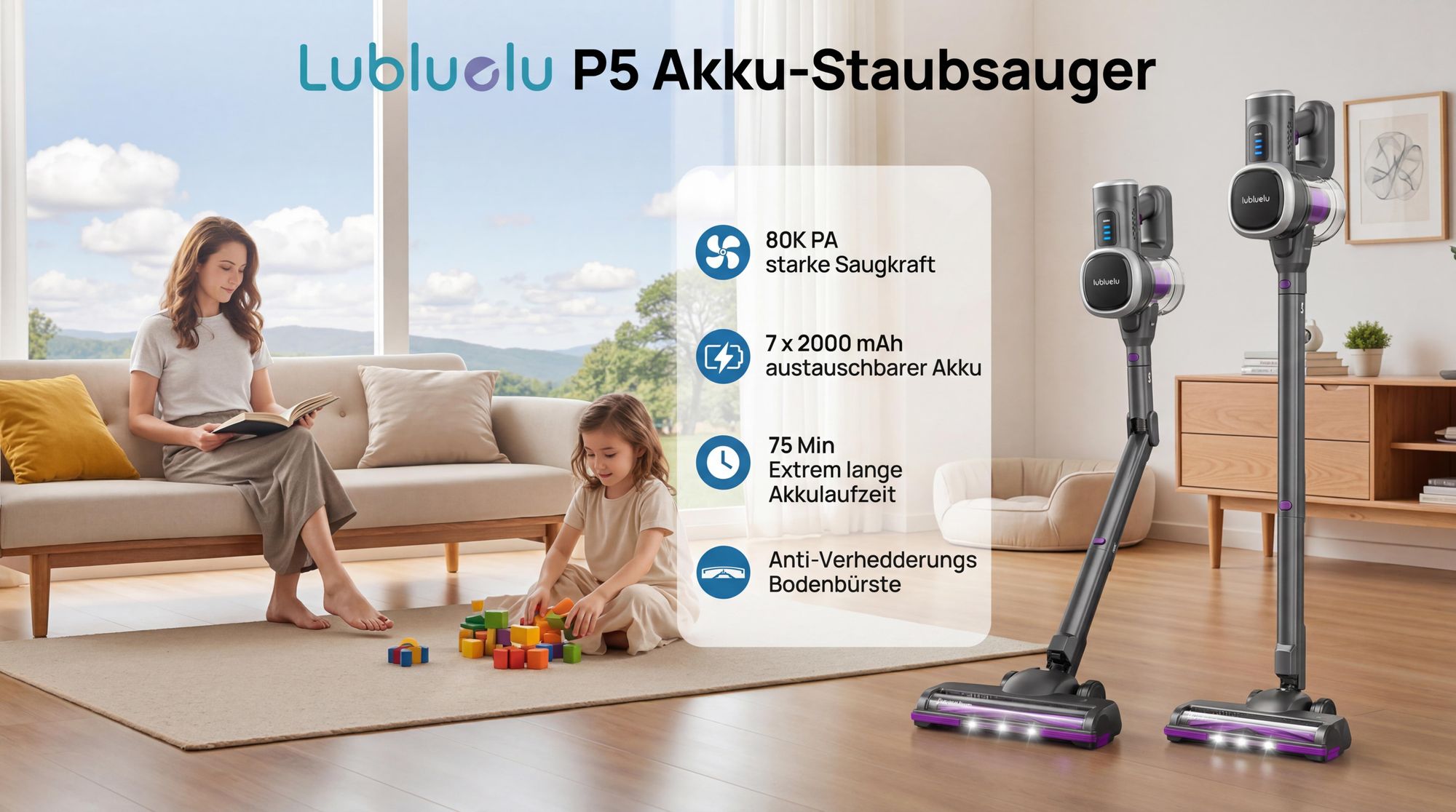 Lubluelu Akku-Staubsauger,80000PA/ 650W/70Min, Staubsauger Kabellos Mit Selbststehendes Design, Flexibles Biegegelenk, Anti-Tangle Bodenbürste,P5