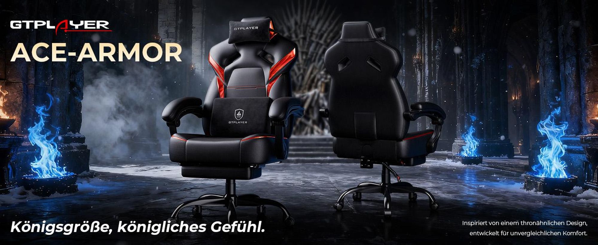 GTPLAYER Gaming Stuhl Chair Gamer Sessel Gamer Stuhl mit Fußstütze Lendenkissen Kopfstütze Höhenverstellbar Verstellbaren Armlehnen mit Fußstütze rot