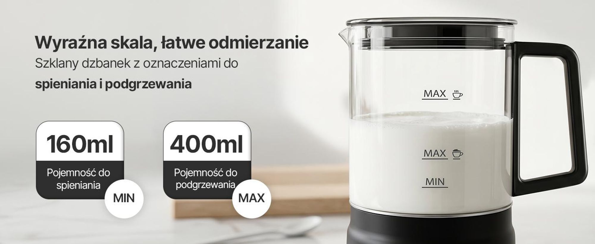 Olvy Electric Milk Frother ze Szkła 4 w 1, 500 W, Wyświetlacz Temperatury, Spienia 160 ml, Podgrzewa 400 ml, Ciepła i Zimna Pianka, Czarny
