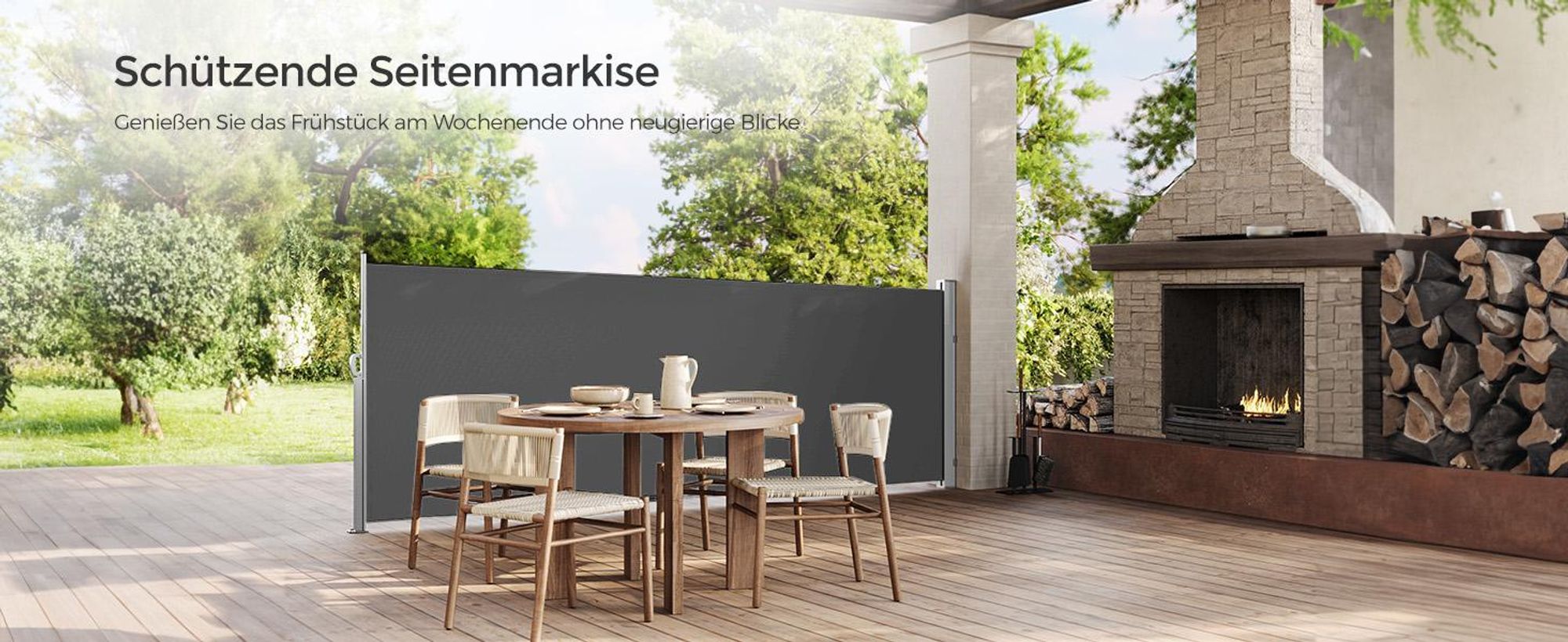 SONGMICS Seitenmarkise mit Stahl-Kasten, rostbeständig, ausziehbar, 140 x 300 cm, Sichtschutz, Sonnenschutz