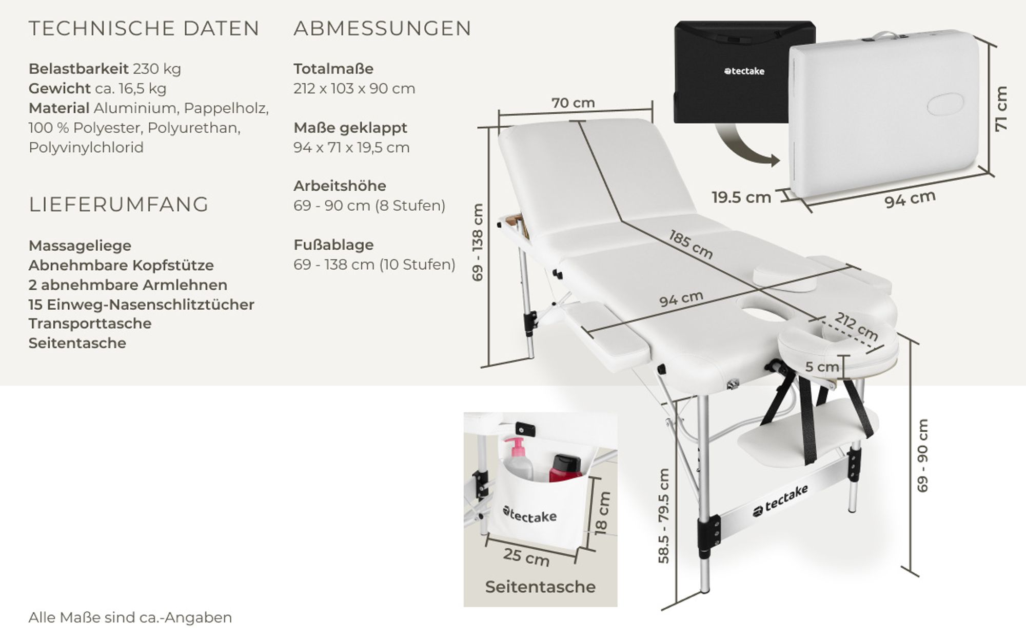 tectake® 3 Zonen Massageliege Phuket Breite 70 cm, Polsterung 5 cm 212 x 103 x 90 cm