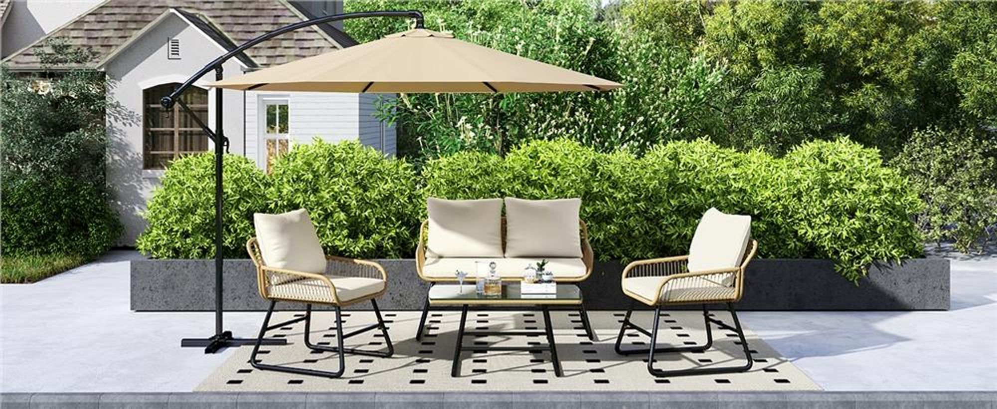 Yaheetech 4-tlg. Gartenmöbel-Set aus Polyrattan, 2-Sitzer & 2 Sessel & 1 Tisch, Lounge-Set mit Sitzkissen, Sitzgruppe für Balkon Terrasse, Bohème-Stil