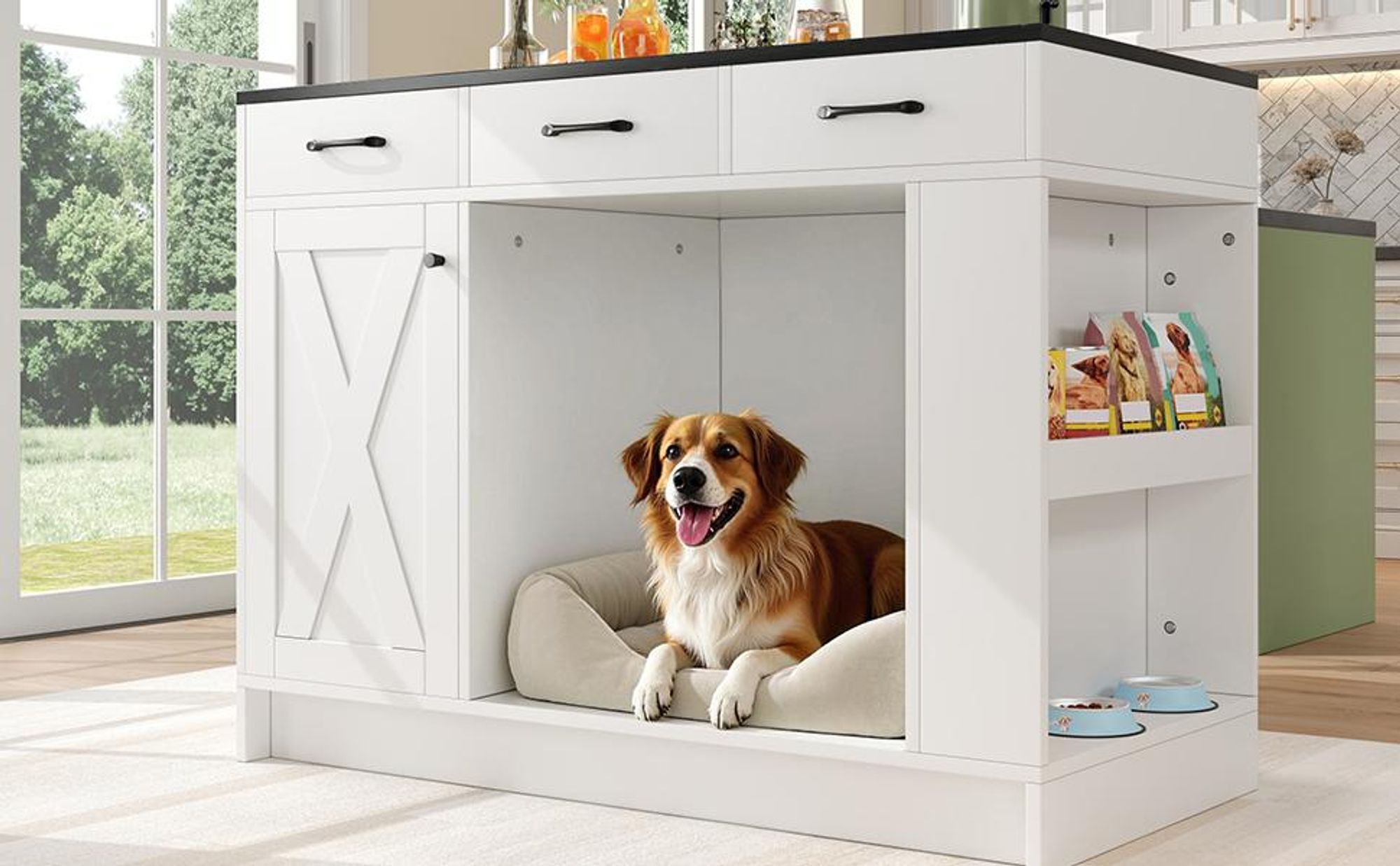 Merax Sideboard Kücheninsel mit Haustierbereich, 3 Schublade, X-Tür, Gewürzregal, Katzennapfbereich, Küchenwagen, Küchenschrank, 120×60×90 cm, Grau
