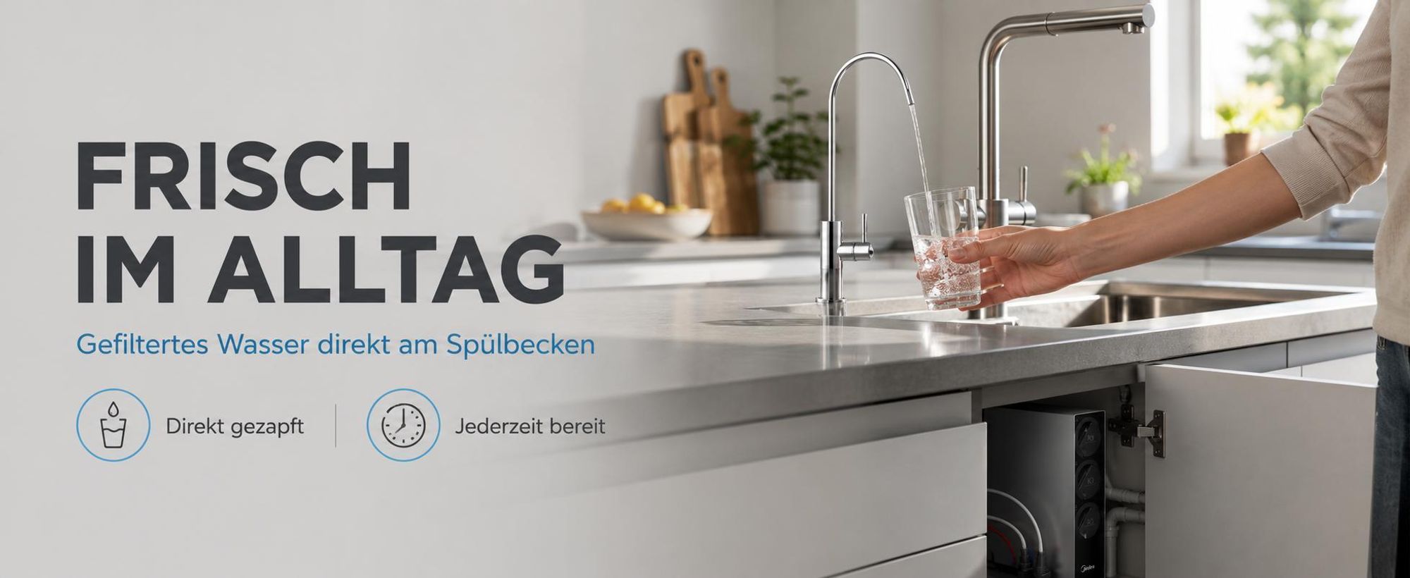 Wasserfilter Midea 600GPD Smart WiFi, tankloses Umkehrosmose System, 3 stufige Filterung, Direct Flow, 2270 l pro Tag