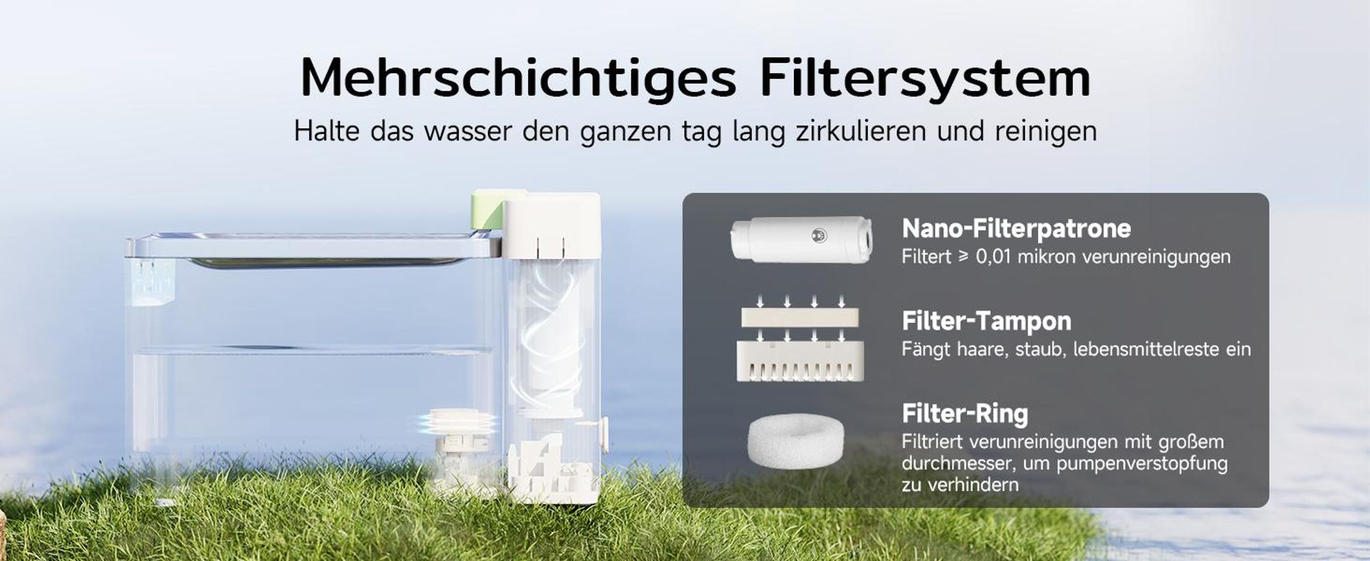 Amicura A3 Lite Trinkbrunnen für Katze mit Ultrafiltrationstechnologie - 3,3L Großer Tank, SUS316 Edelstahl-Trinkschale, ≤25dB, 100% Wasserdicht (Weiß)