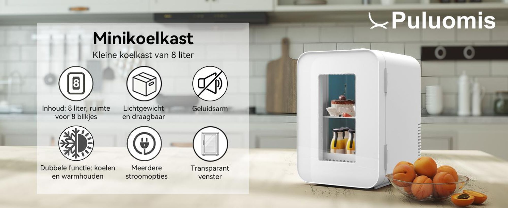 Puluomis Mini-koelkast 8 liter met koel- en verwarmingsfunctie, van 5°C tot 60°C, transparant kijkvenster, 220-240V/12V, ≤30dB, geschikt voor cosmetica en dranken