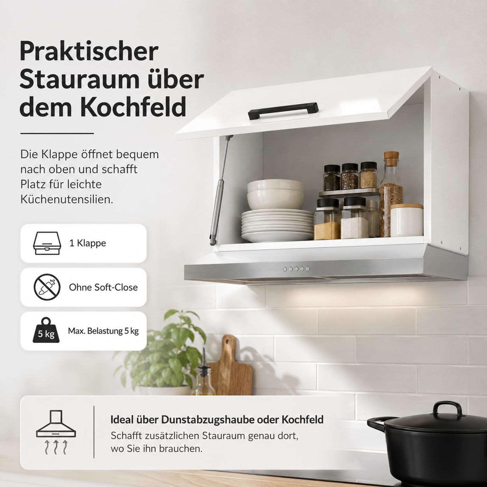 Offener Küchen-Klappschrank 50 cm Weiß Hochglanz über Dunstabzugshaube mit Geschirr.