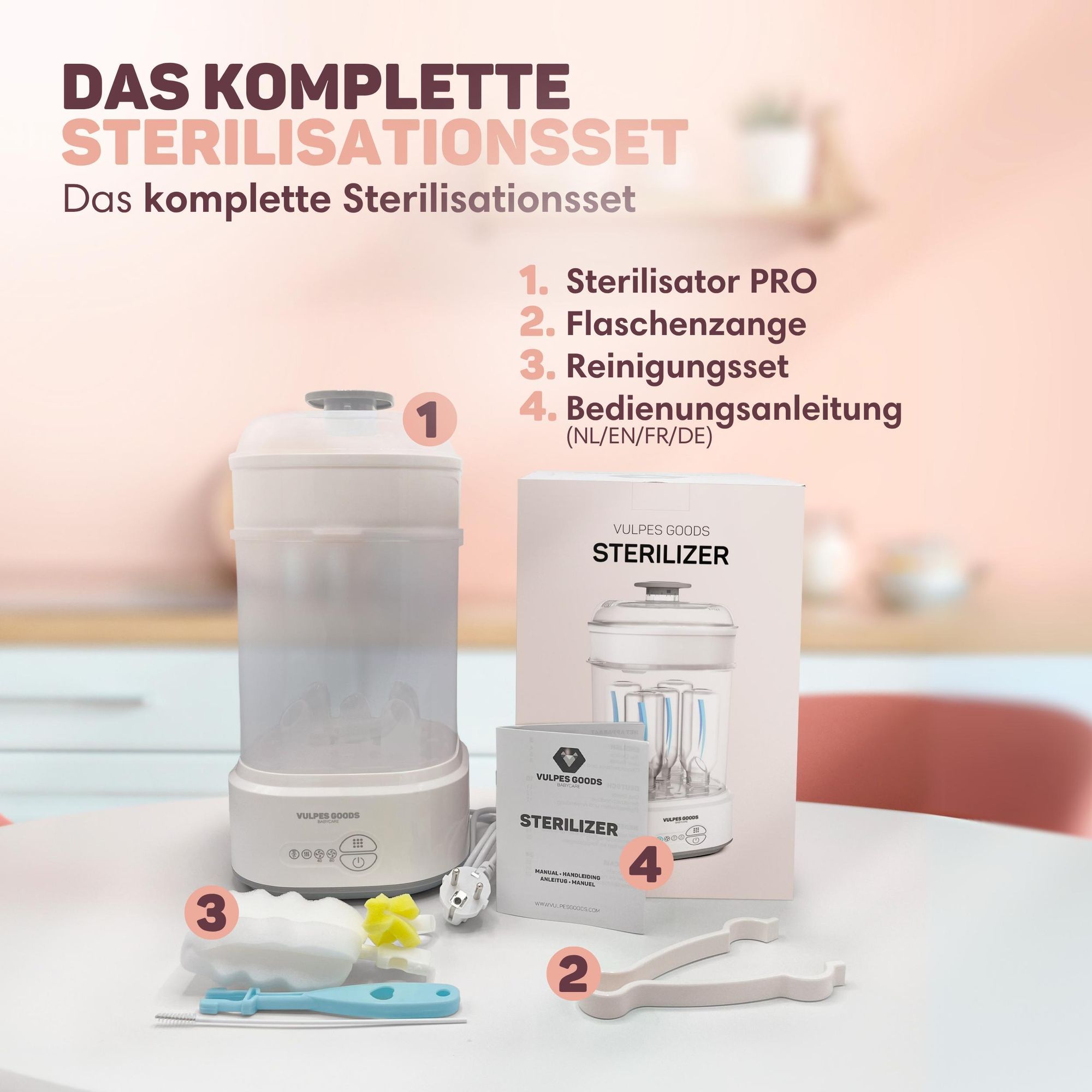 Vulpes Goods PRO Sterilisator für Babyflaschen 5-in-1 Komplettfunktion, Flaschensterilisator Baby Reinigungsset mit Dampftechnologie