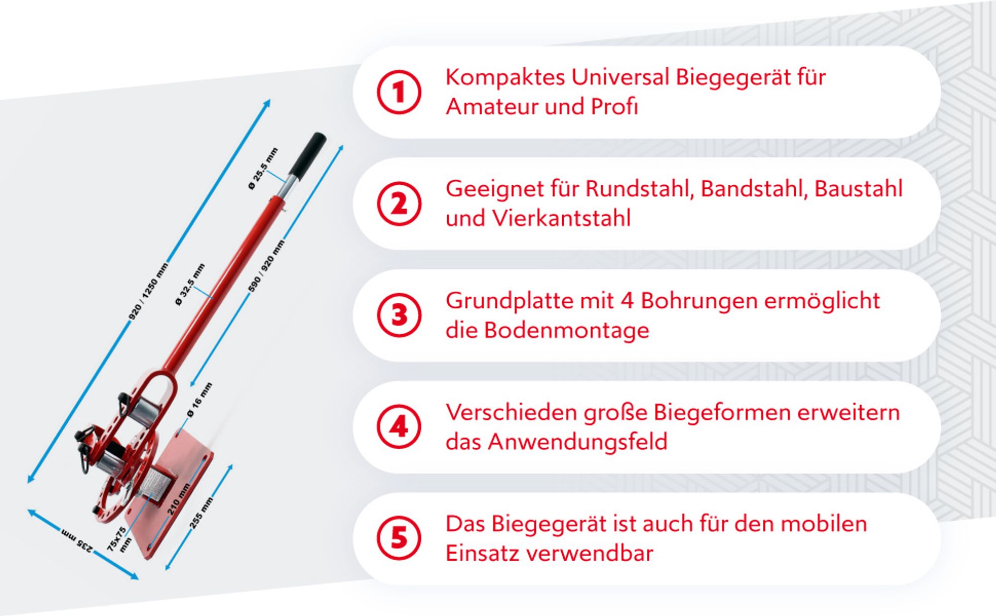 Wiltec Kompaktes Biegegerät 255 x 1250 x 235 mm, Biegemaschine für Flachstahl, Baustahl, Rundstahl & Vierkantstahl mit 7 Matrizen 25,4-76,2 mm