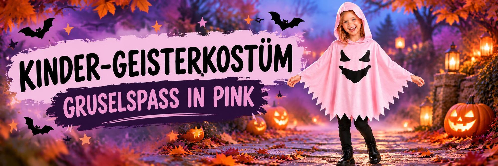 Kinder Geisterkostüm Pink mit Kapuze – Halloween Poncho für Mädchen 104/116