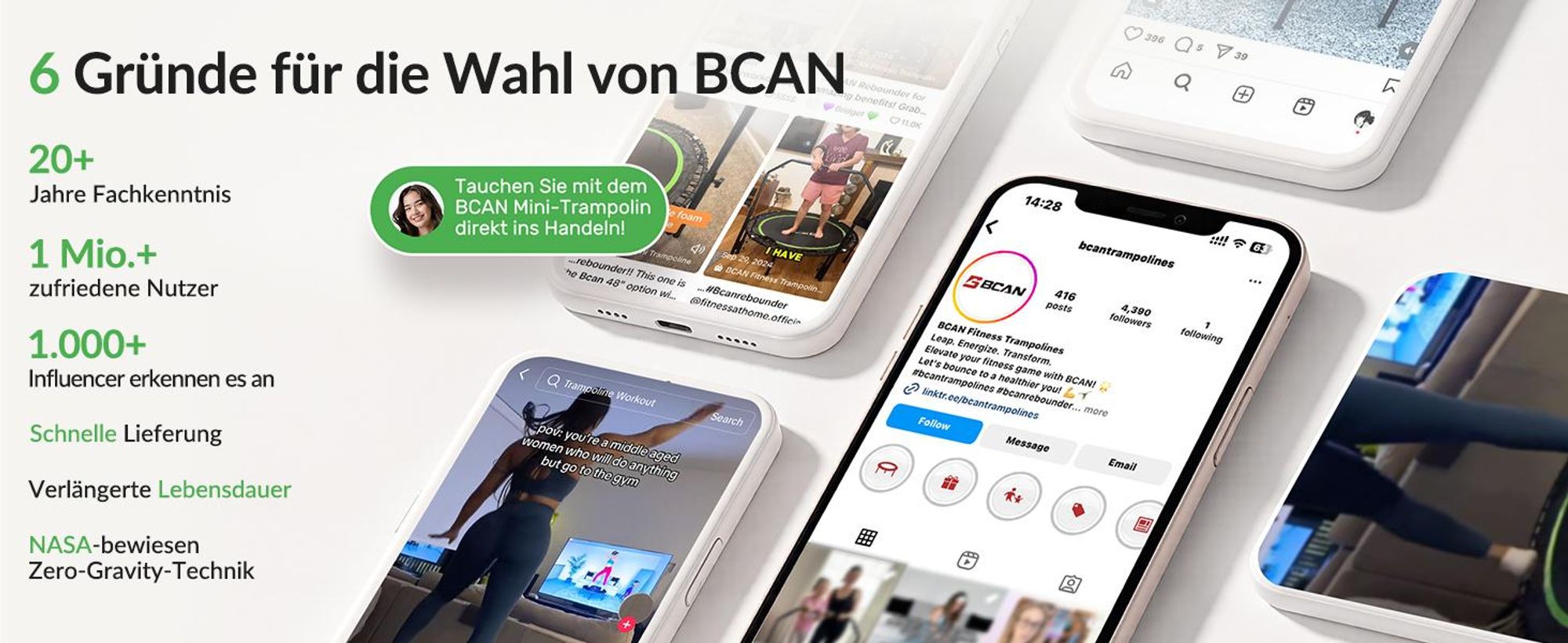 BCAN 48“ Rebounder-Trampolin für Erwachsene, 226 kg Tragkraft, Bungee-Seilen, Verstellbarer Griff, stabil, leise, Innen/außen, Ganzkörpertraining