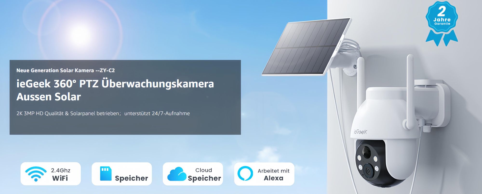 Überwachung Außen mit Bewegungsmelder, 2.4GHz WLAN, Farbige Nachtsicht