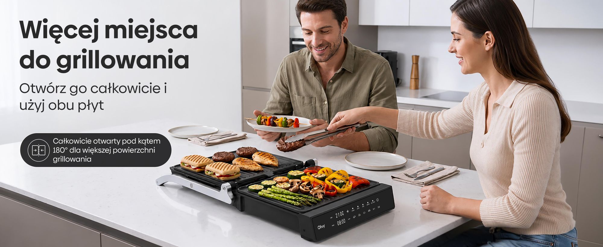 Grill kontaktowy Olvy, 2000 W, elektryczny grill i opiekacz do kanapek, 5 programów, opiekacz do panini, grill-toster do użytku w pomieszczeniach, płyty bez PFAS, grill stołowy