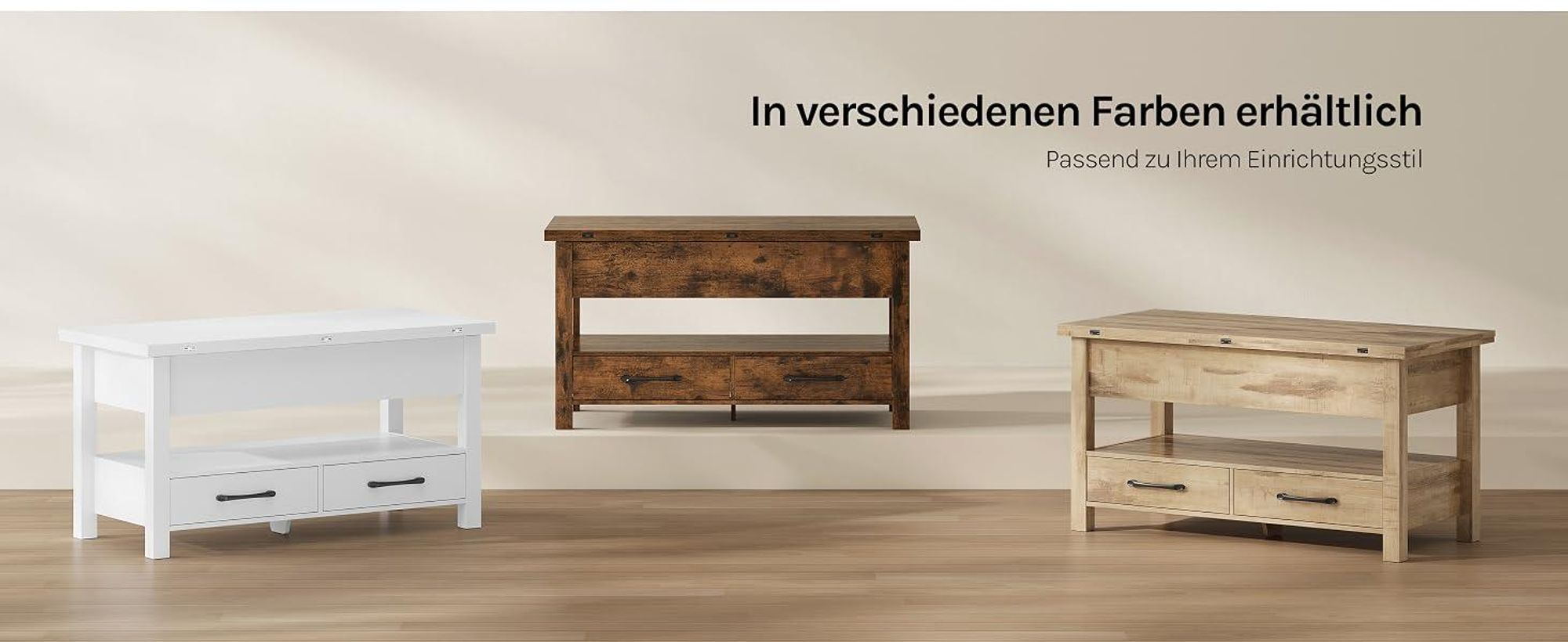 WOLTU Couchtisch höhenverstellbar, 2 Schubladen, 1 offenes Fach und 3 versteckte Fächer, Kamelbraun