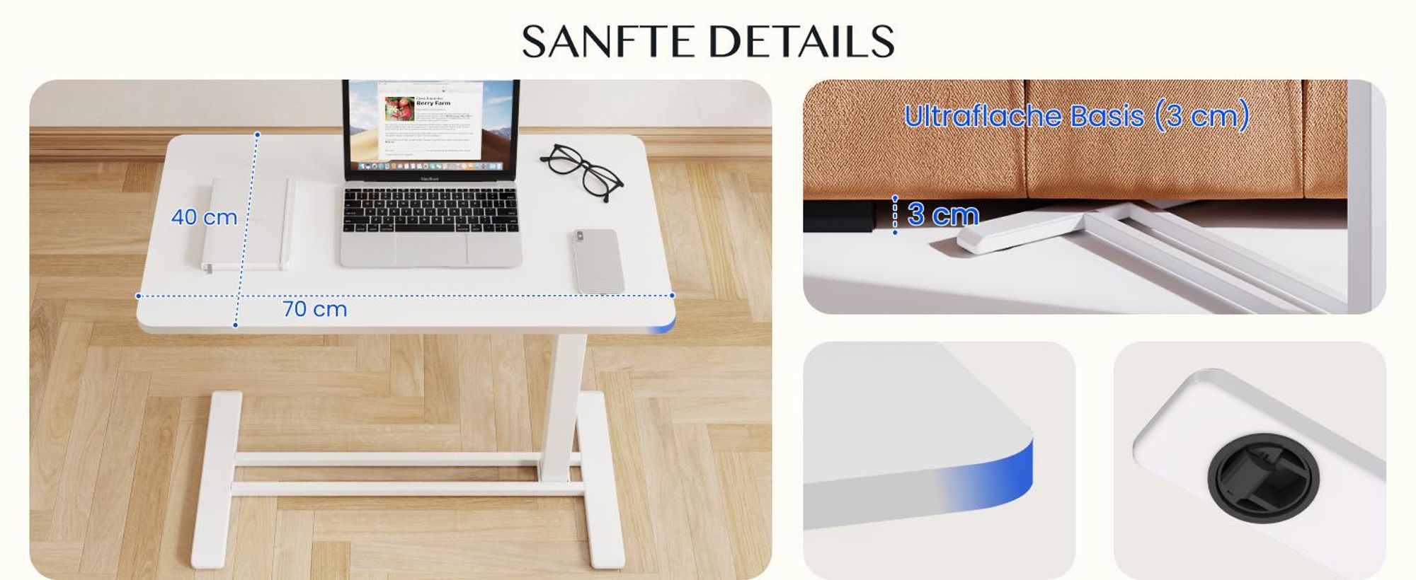 FLEXISPOT Beistelltisch Höhenverstellbar in C-Form, Laptoptisch mit Rollen, 66–106 cm, Nachttisch, für Bett und Sofa, Weiß