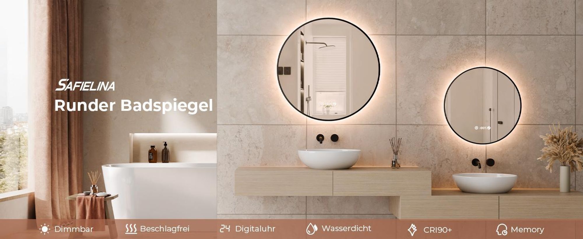 S'AFIELINA Badspiegel mit Beleuchtung Rund 80 cm Diameter,LED Badspiegel mit Touch, Beschlagfrei, Dimmbar, Uhr, Temperatur, Speicherfunktion,Schwarzer