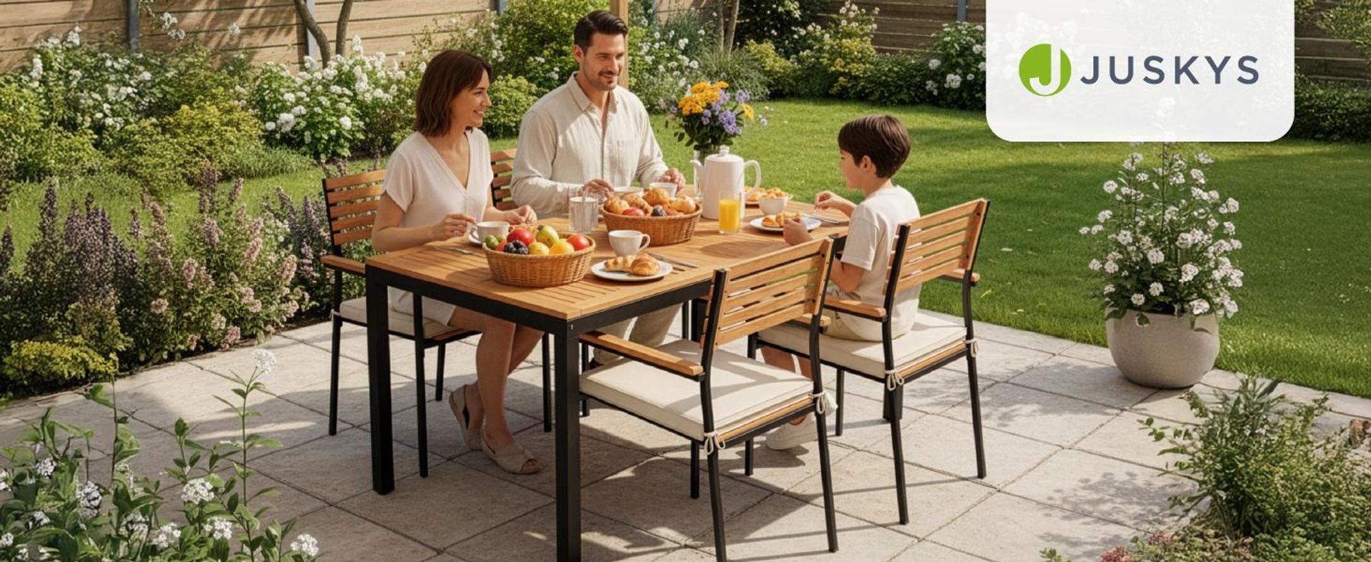 Juskys Akazienholz Gartengarnitur Rhodos - Tisch, 4 Stühle & Auflagen - Gartenmöbel Holz