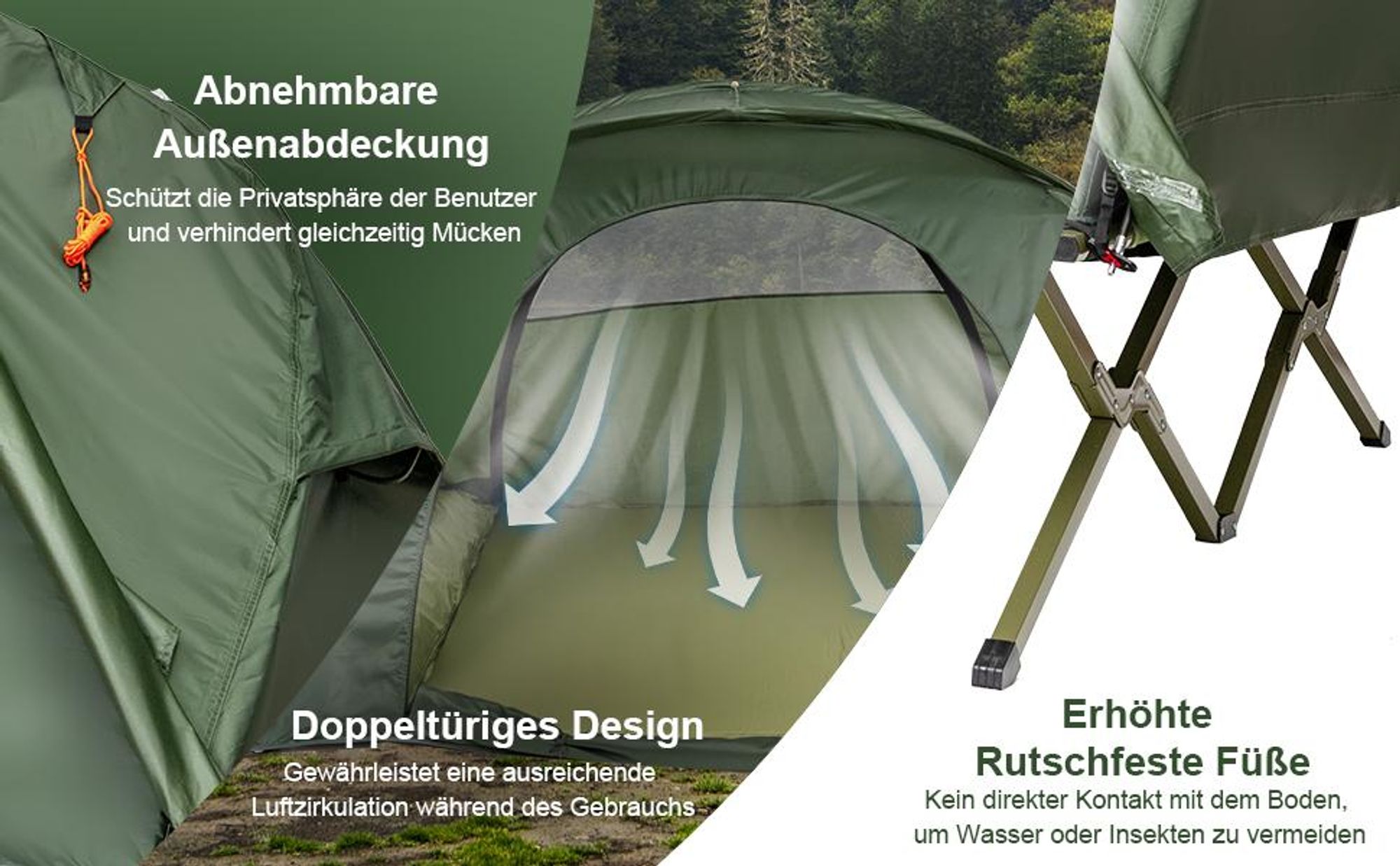 COSTWAY Erhöhtes Feldbett mit Zelt für 2 Personen, Kuppelzelt mit selbstaufblasender Matratze, Abdeckung & Schuhaufbewahrungstasche, Zelt bis 300kg