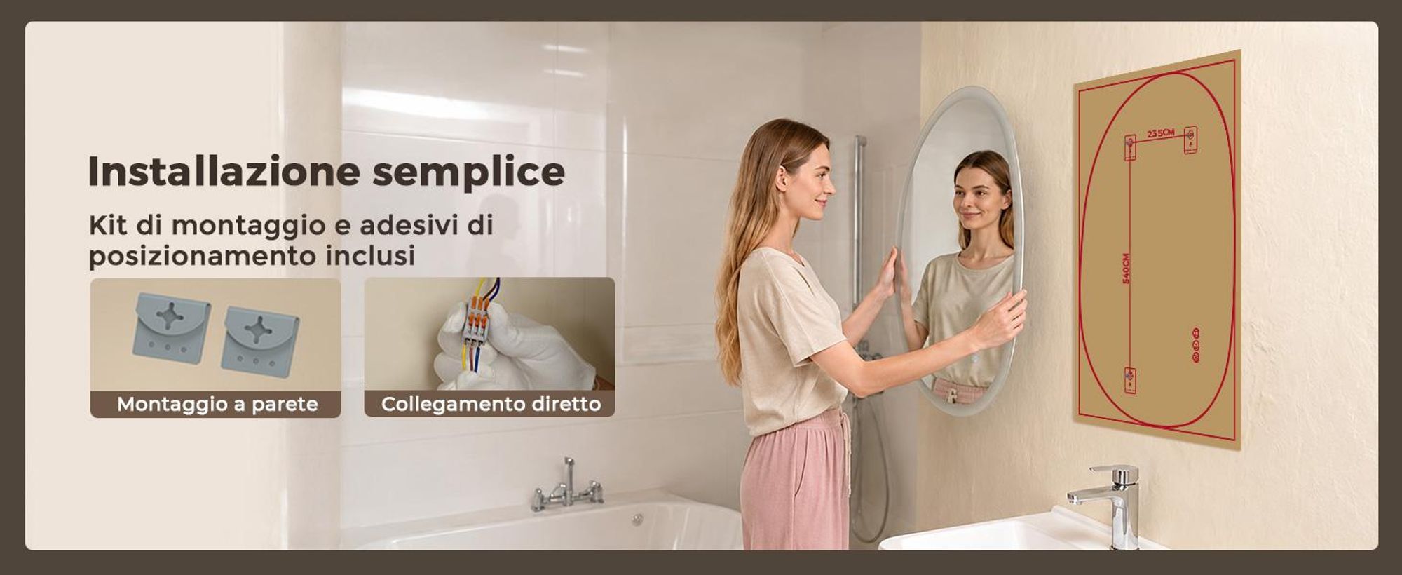 Specchio da bagno LED S'AFIELINA, 50x70 cm, asimmetrico, senza cornice, con dimmer, 3 tonalità di luce, antiappannamento, funzione di memoria, specchio da parete per bagno