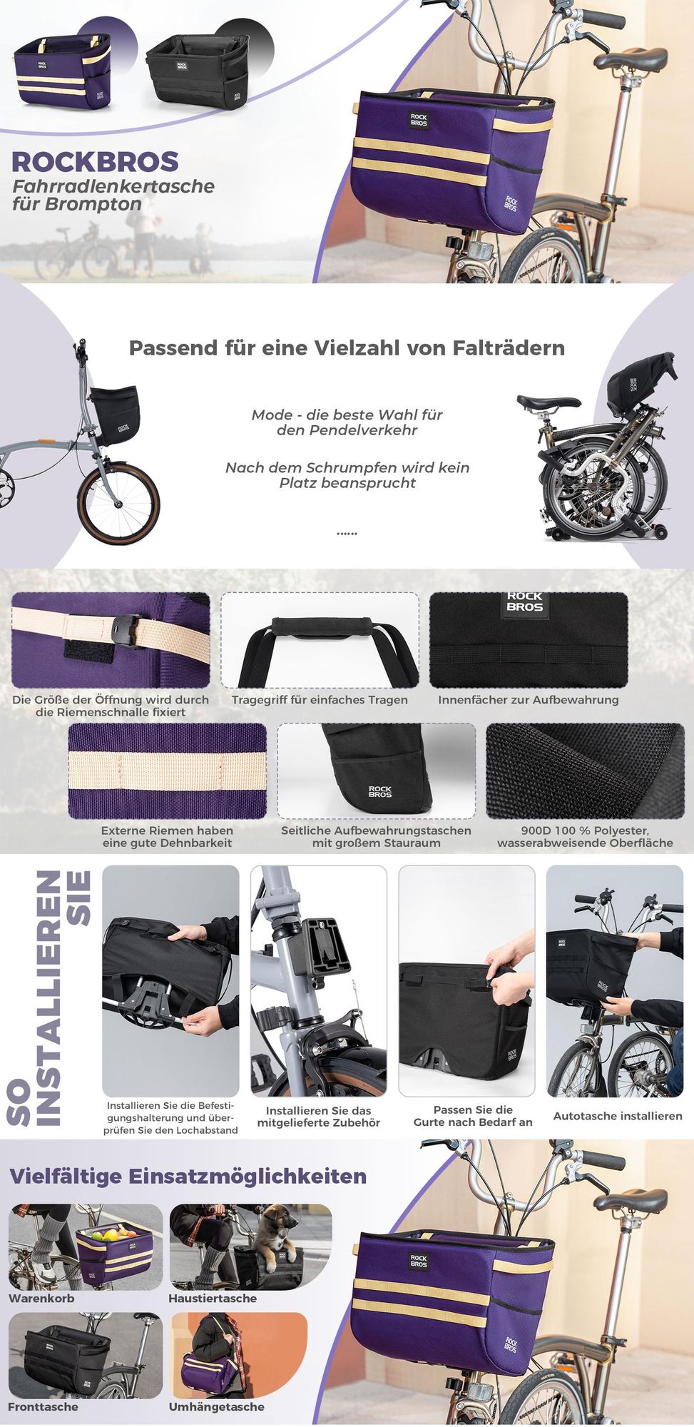 ROCKBROS Fahrradlenkertasche für Brompton Faltradkorbtasche Fronttasche Wasserabweisend Fronttasche 16L für Brompton/Faltrad Schwarz