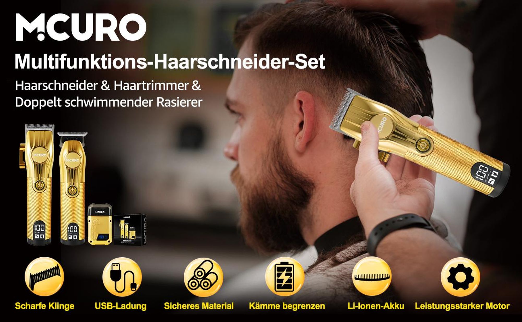 MCURO Professionelles Haarschneideset für Herren, Kabelloses Bart- und Haarschneider-Set, USB-aufladbares Elektrisches Trimmer-Set mit Folienrasierer für Präzise Männerpflege
