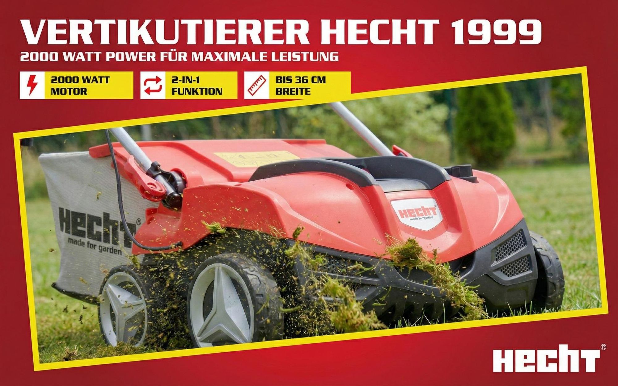 HECHT Vertikutierer Elektro 1999 | 2in1 Rasenlüfter | 36 cm Arbeitsbreite | 2000 W | 45 L Fangkorb | 22 Doppelkrallen | 16 Messer