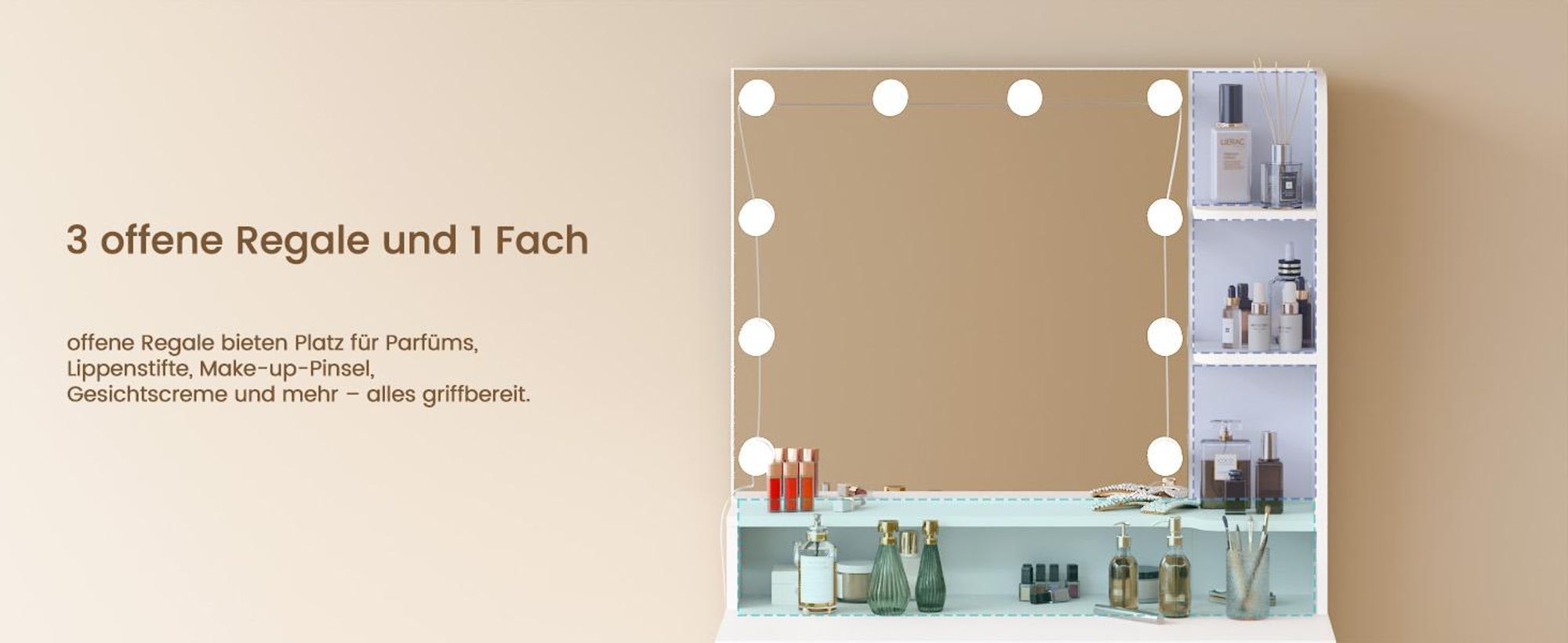 MONDEER Schminktisch Kosmetiktisch (Weiß, 67 x 36 x 138 cm), mit Spiegel und 10 LED-Lichtkugeln,1 Schublade und 7 Offenen Fächern