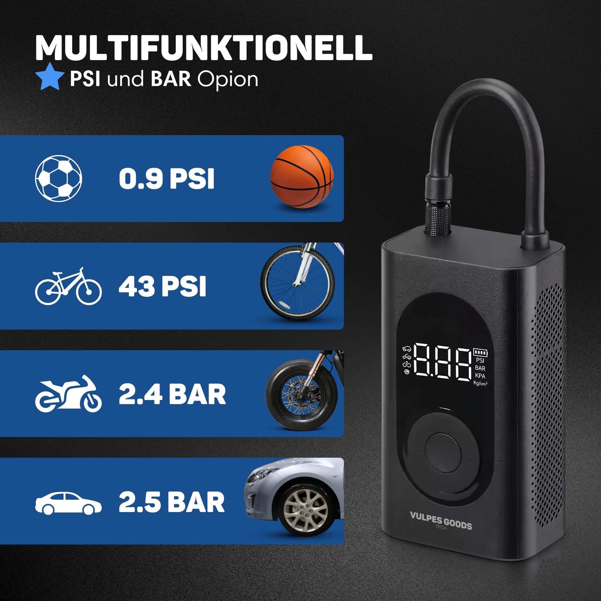 Vulpes Goods Luftkompressor, Tragbarer Kompressor, 6400mAh, Kompressor für Auto, Scooter, Fahrrad, Ball und Luftmatratze, Reisetasche, Mit 7 Aufsätzen