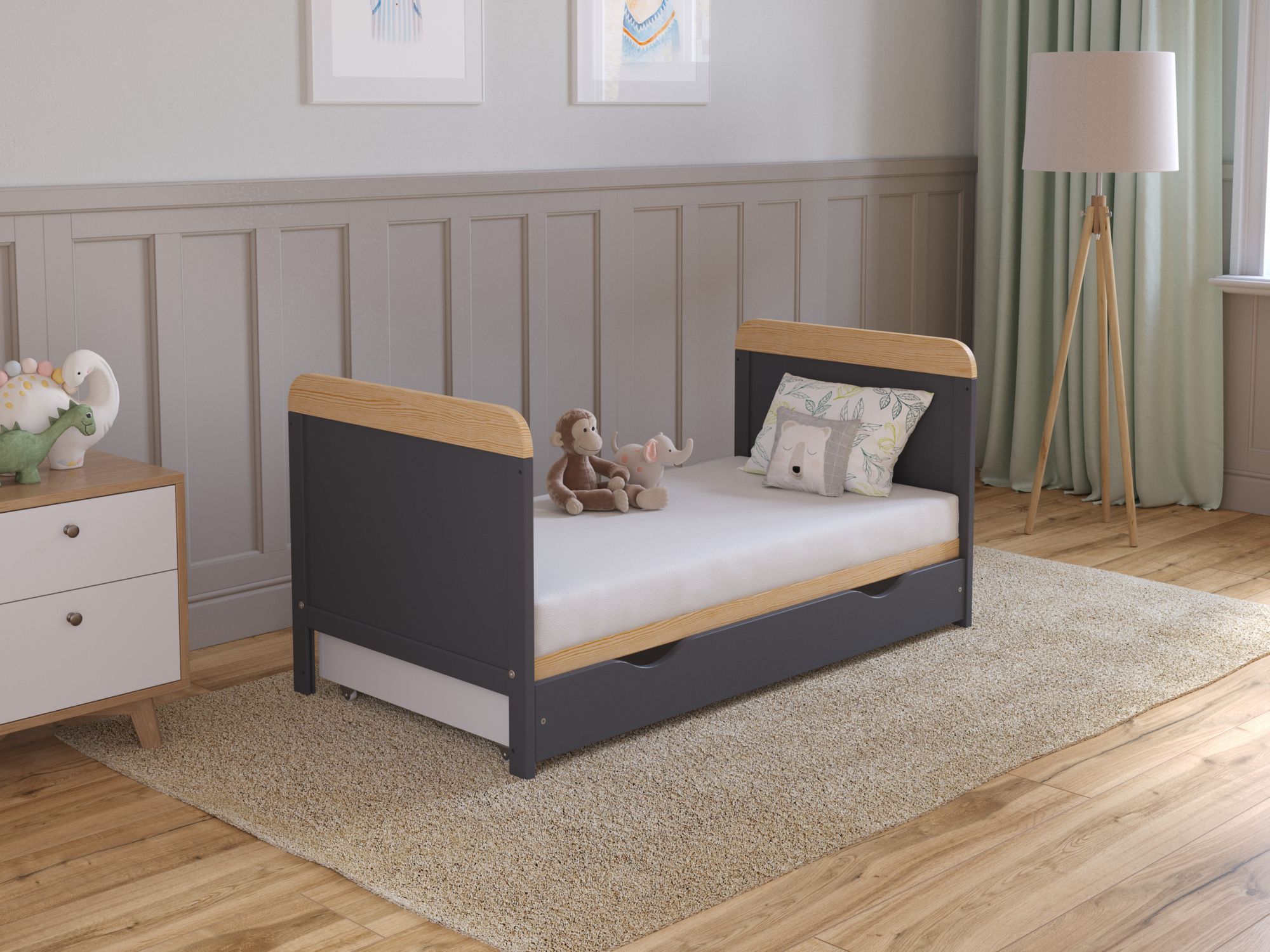 Babybett Beistellbett 120x60 cm mit Schublade & Matratze - Kinderbett Gitterbett Baby Bett Holz Anthrazit-Kiefer,Umwandelbar in Juniorbett