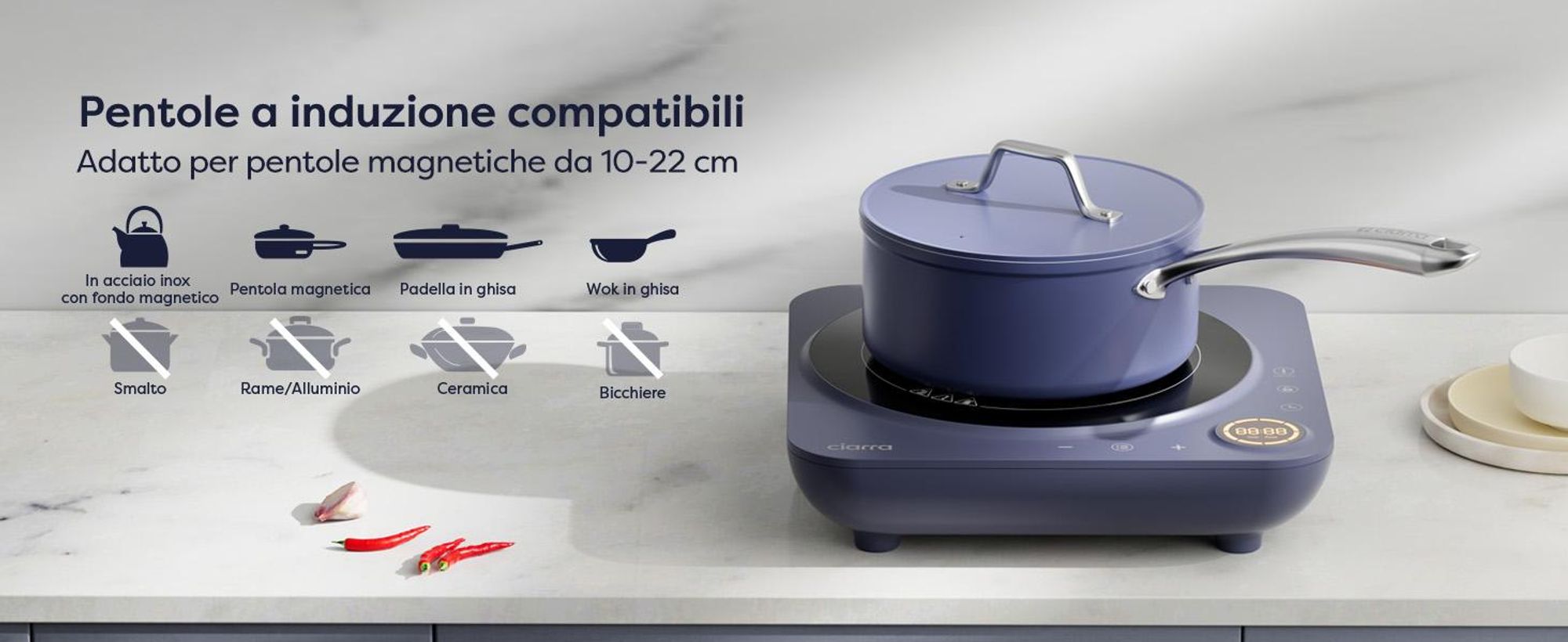 CIARRA piano cottura a induzione singolo Piano cottura a induzione 1 piastra 2000W piano cottura singolo Touch-Control VM1TIHA-M