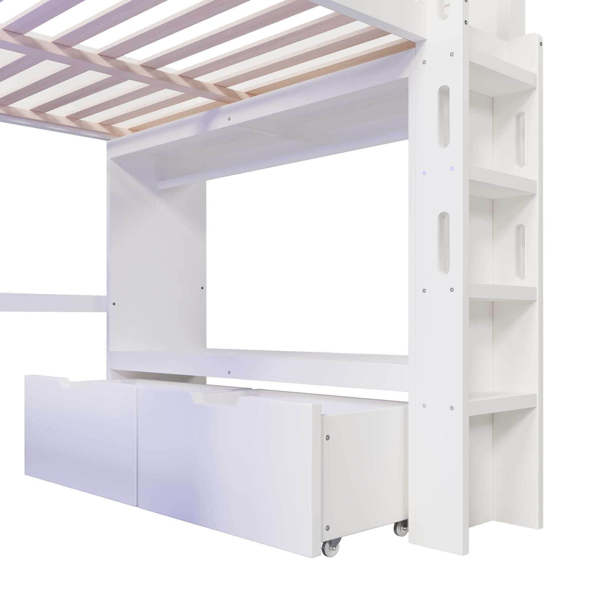 Flieks Etagenbett 140x200cm mit Schreibtisch und Ladefunktion, Kinder Hochbett mit Led, Kinderbett Doppelbett mit Stange und Schubladen, Weiß