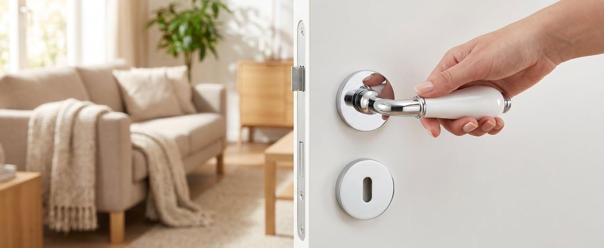 Porzellan Türgriff Set BB – Türklinken für Innentüren Silber Chrom Weiß, Drückergarnitur für Zimmertüren mit runder Rosettengarnitur aus Zink Gavroche