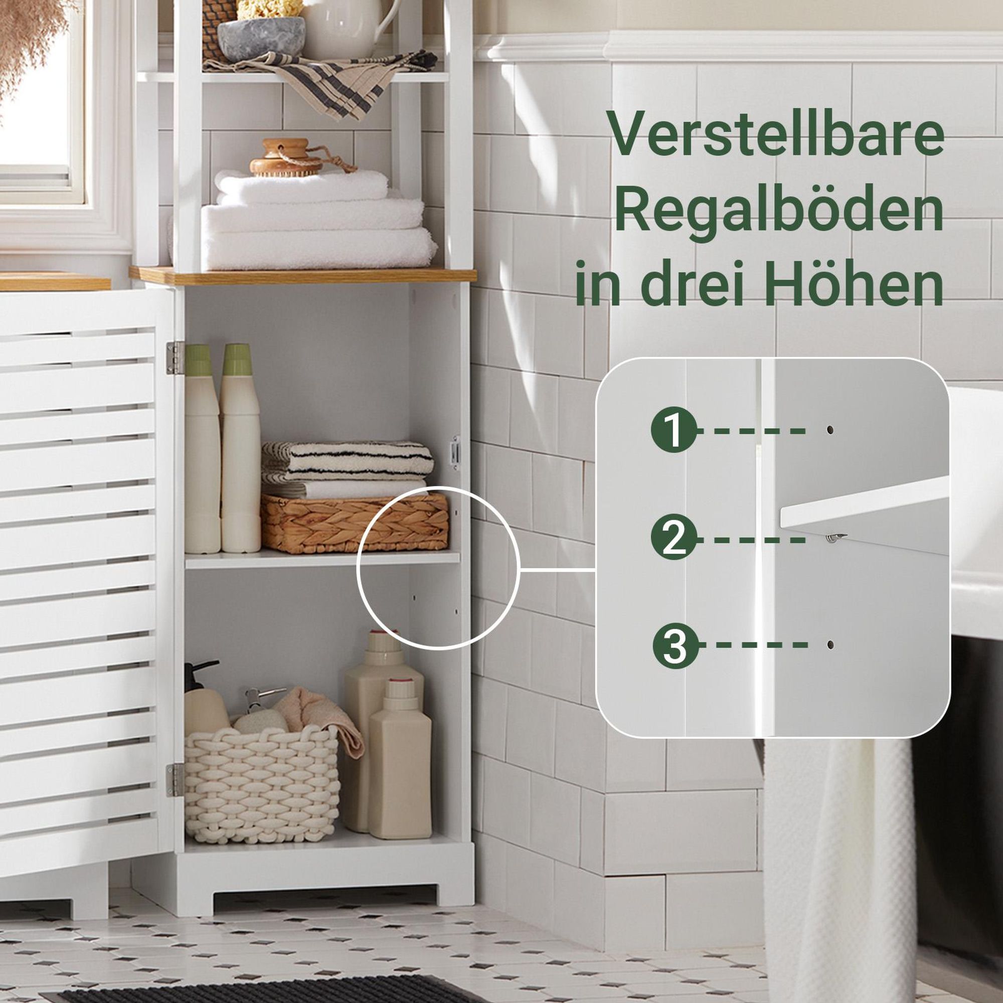 SoBuy Badezimmerschrank hoch und schmal Bad Hochschrank mit Lamellentür und offenen Fächern, platzsparender Badschrank, Weiß-Natur BZR43-W