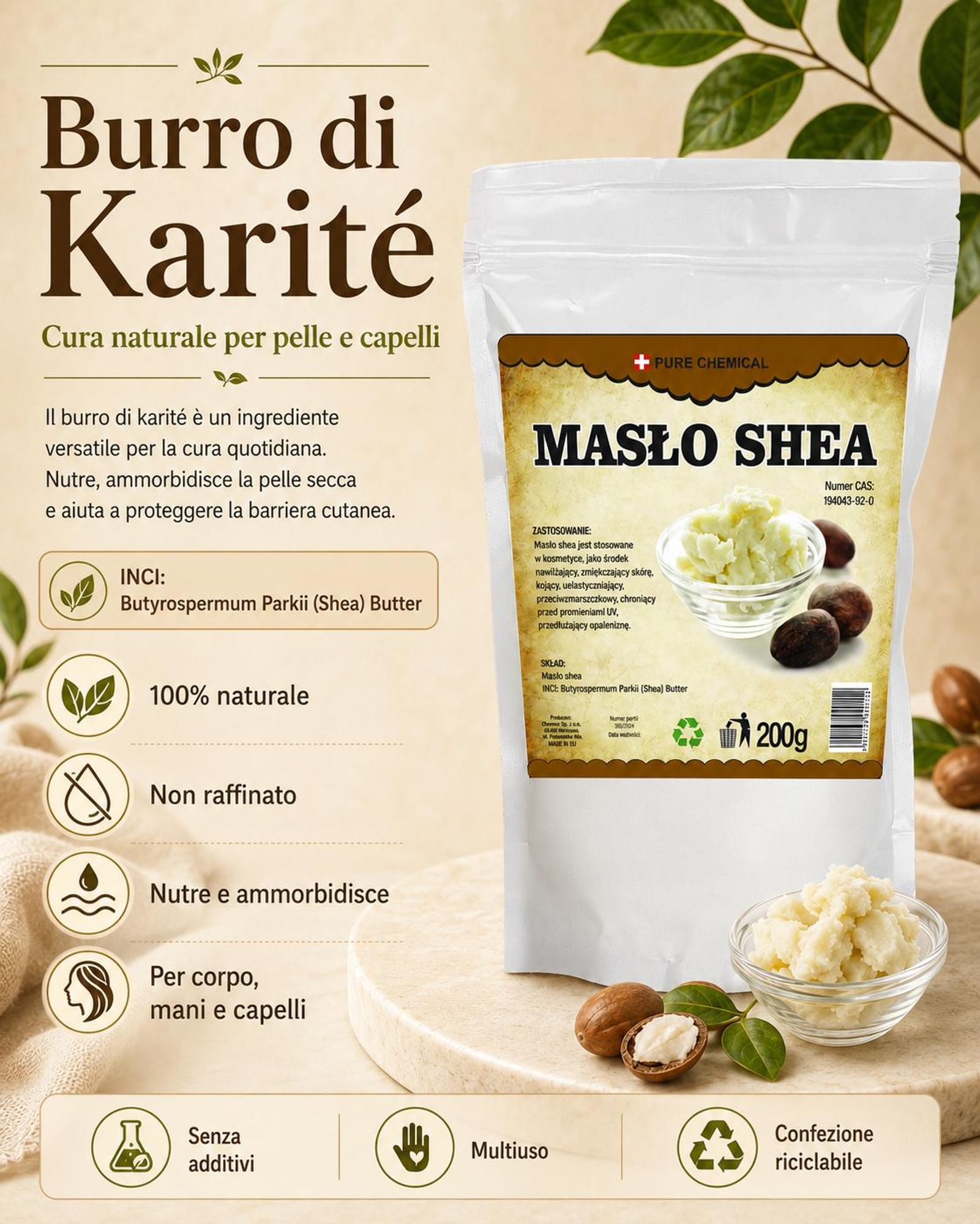 Burro di karité naturale: burro per la cura della pelle e dei capelli