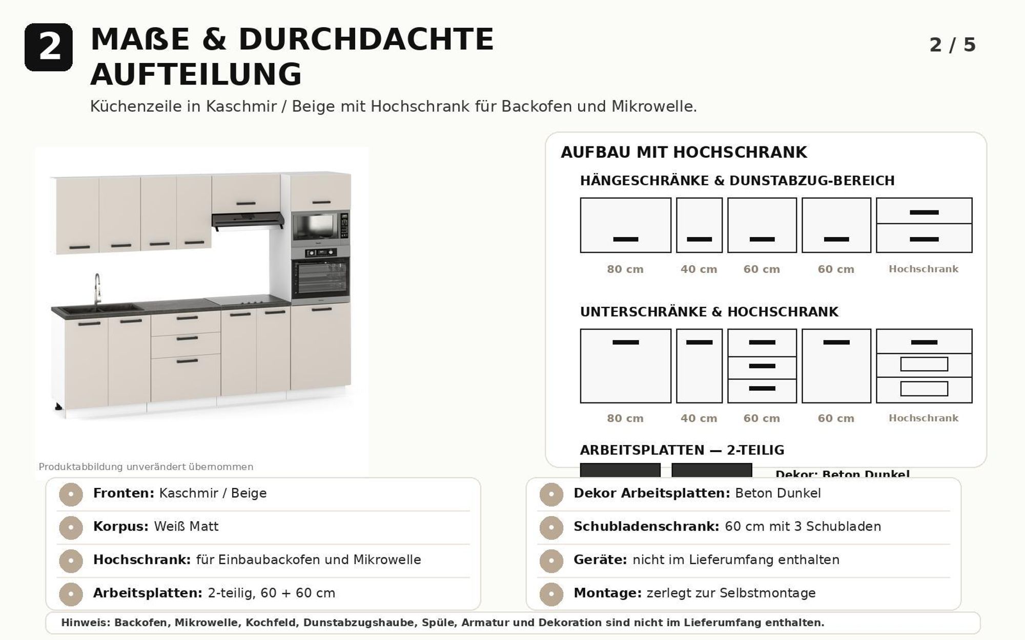 Kaschmir-Küche mit Hochschrank für Backofen und Mikrowelle sowie 3 Schubladen.