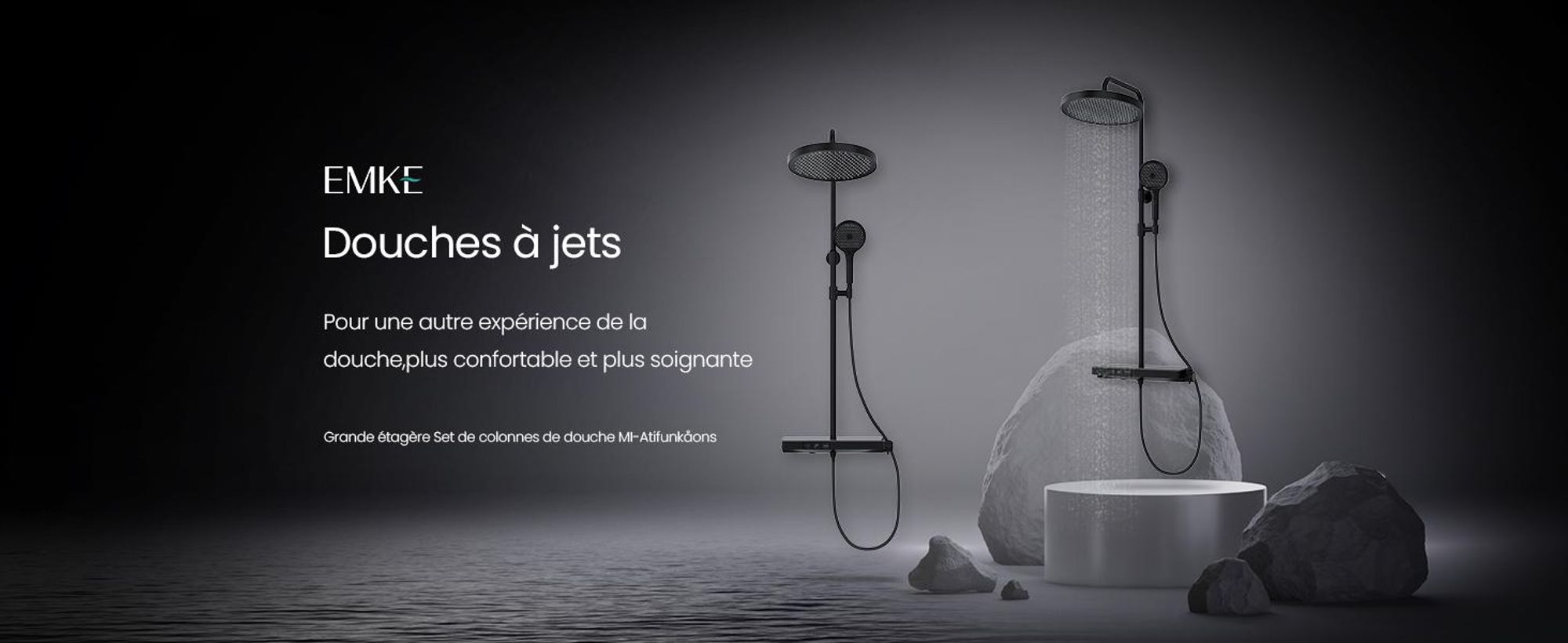 EMKE® Système de doucheavec thermostat Douche de pluie ronde avec support en verre de 40 cm, robinetterie de salle de bains & douche, douchette à main 3 jets + bec inférieur Noir F22
