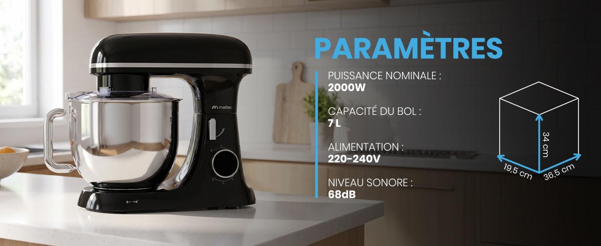 Robot de cuisine, pétrin, mixeur, bol de 7 litres, 3 vitesses, crochets et fouets, acier inoxydable noir, MaltecChef4000W-BL